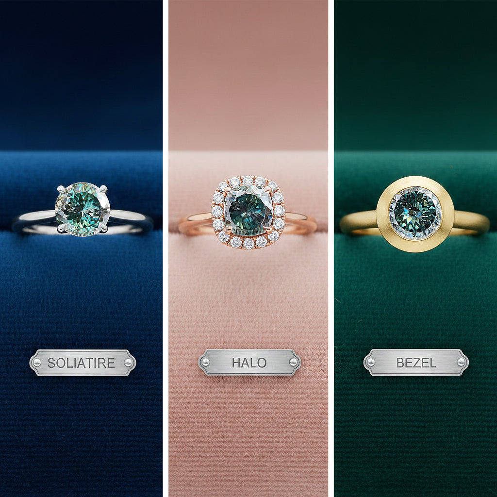 Solitaire, Halo, or Bezel? Best Designs for Green Blue Portuguese Round Cut Moissanite Rings