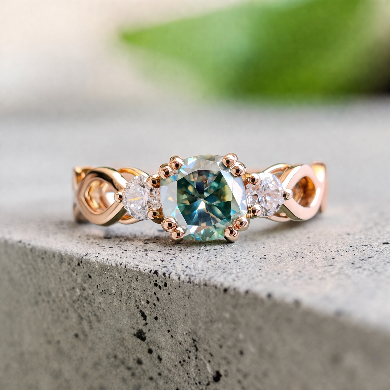 Elegant Green Moissanite Three-Stone Ring with Infinity Band – A Timeless Symbol of Love
