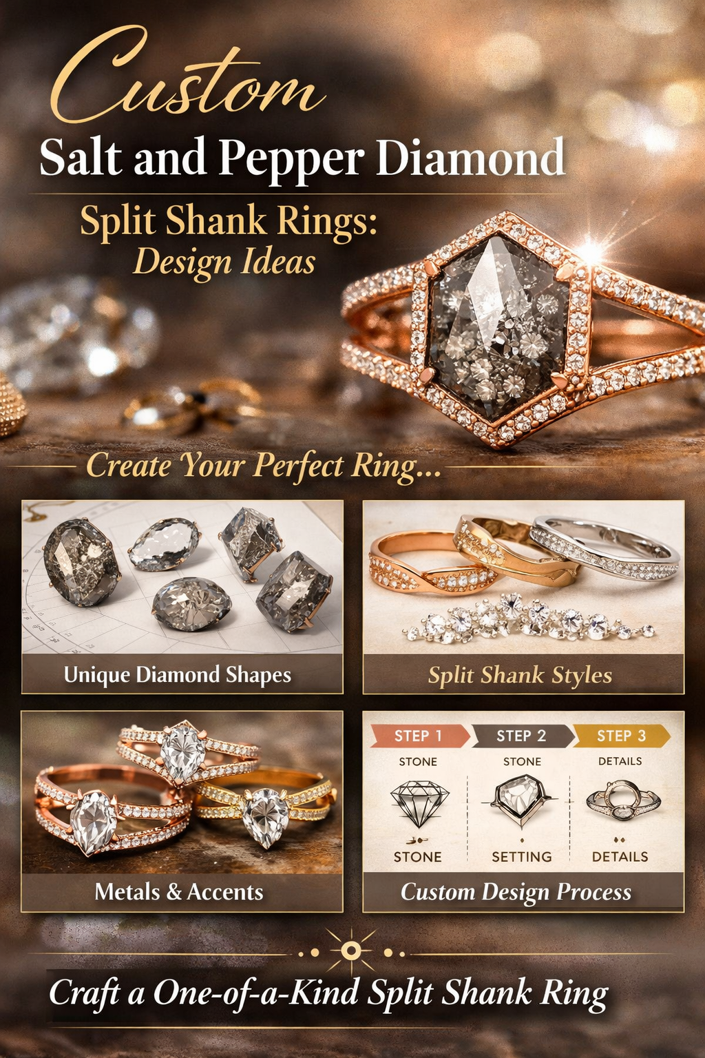Custom Salt and Pepper Diamond Split Shank Rings: Design Ideas