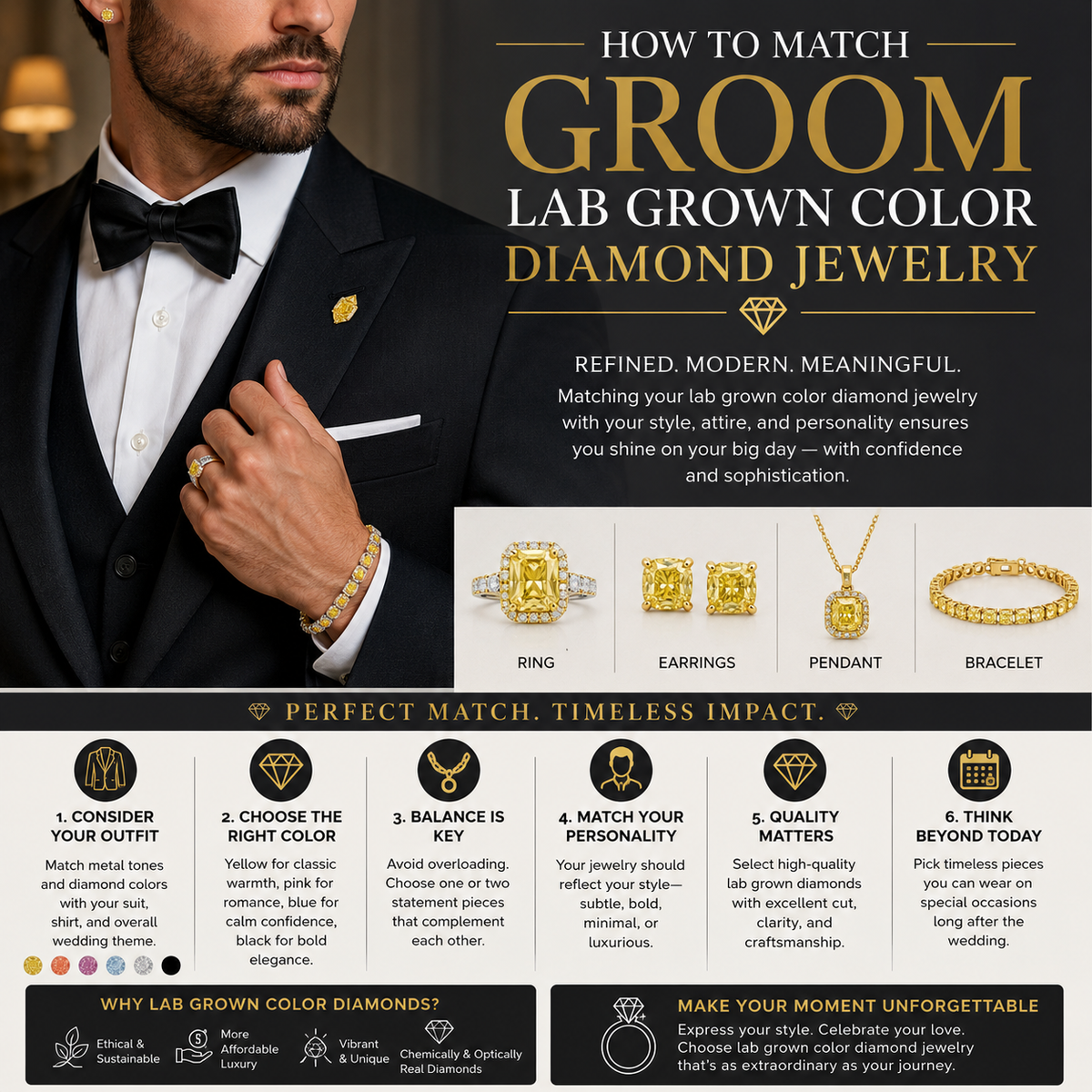 How to Match Groom Lab Grown Color Diamond Jewelry