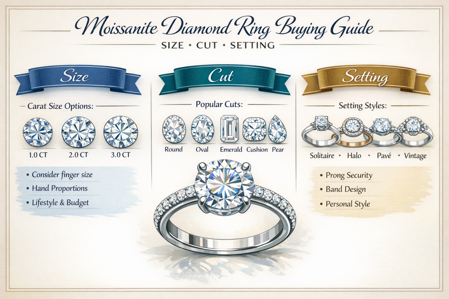 Moissanite Diamond Ring Buying Guide: Size, Cut, and Setting