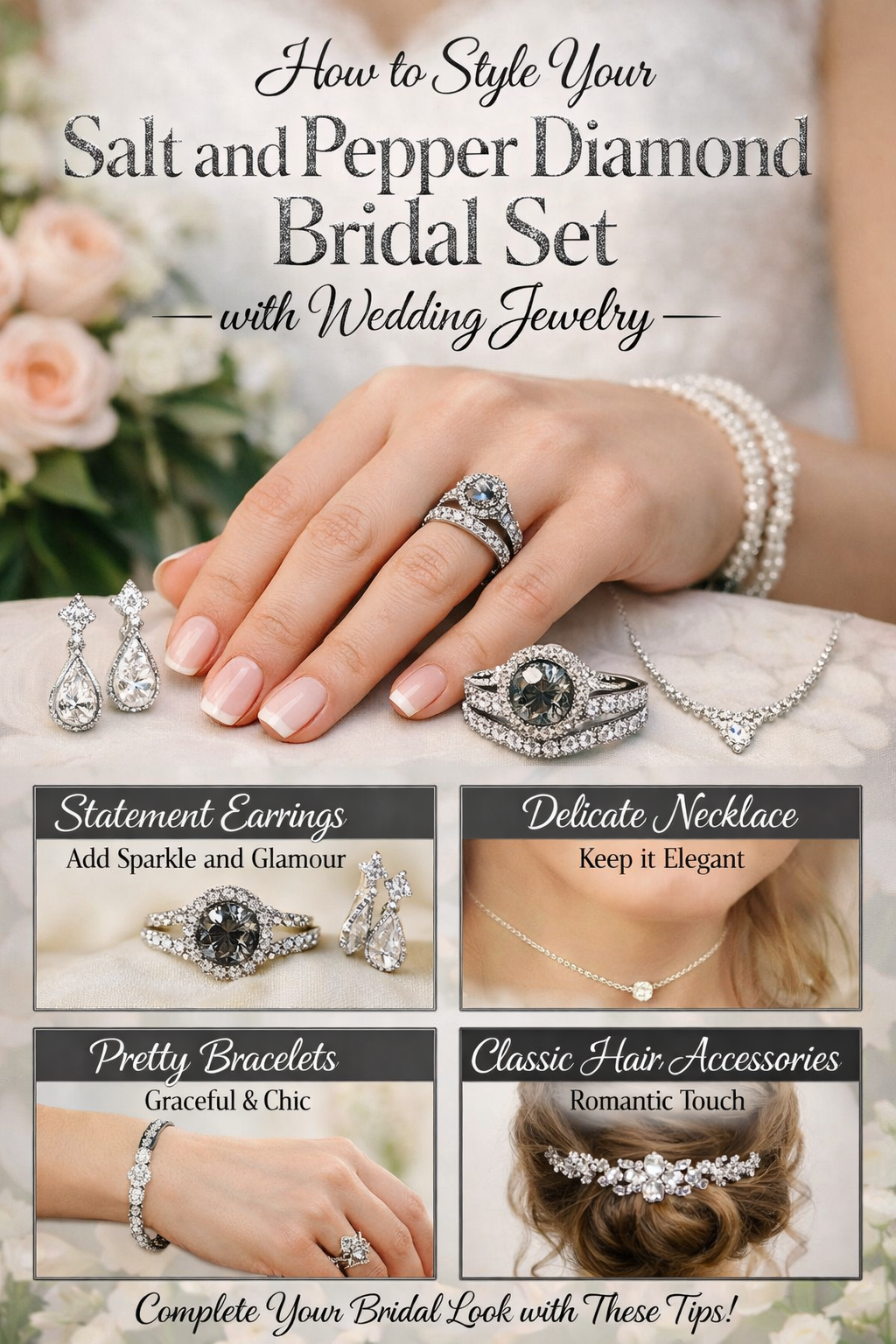 How to Style Your Salt and Pepper Diamond Bridal Set with Wedding Jewelry