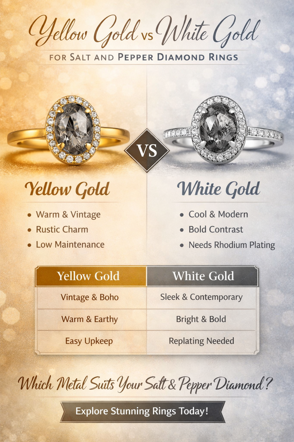 Yellow Gold vs White Gold for Salt and Pepper Diamond Rings