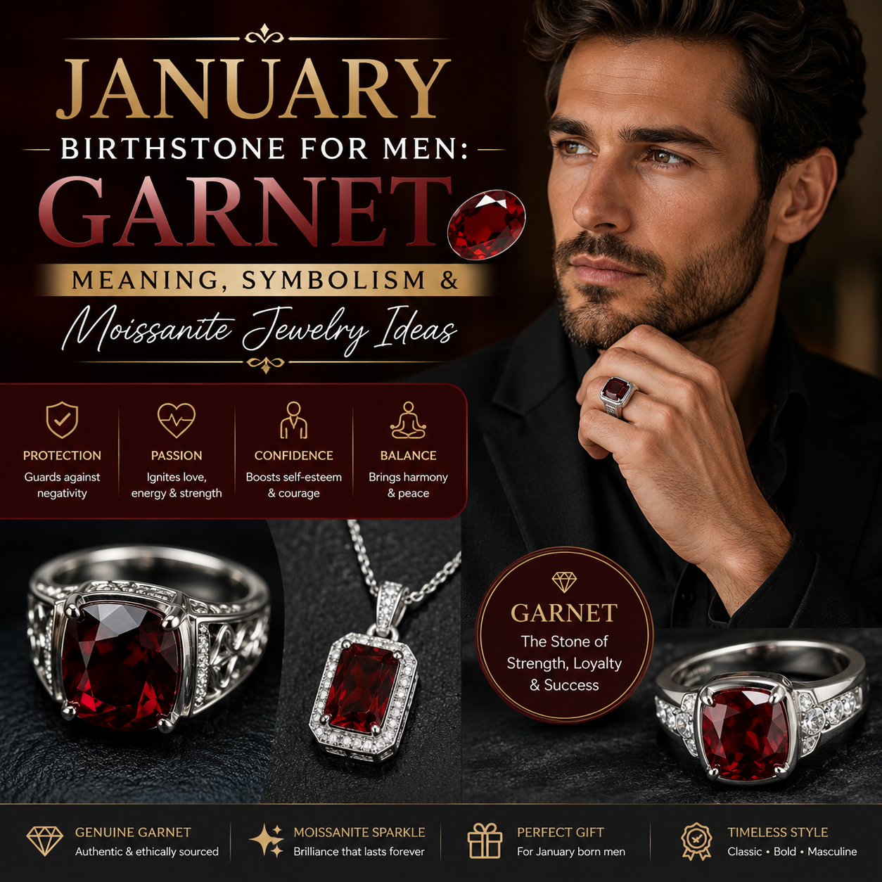 January Birthstone for Men: Garnet Meaning, Symbolism & Moissanite Jewelry Ideas