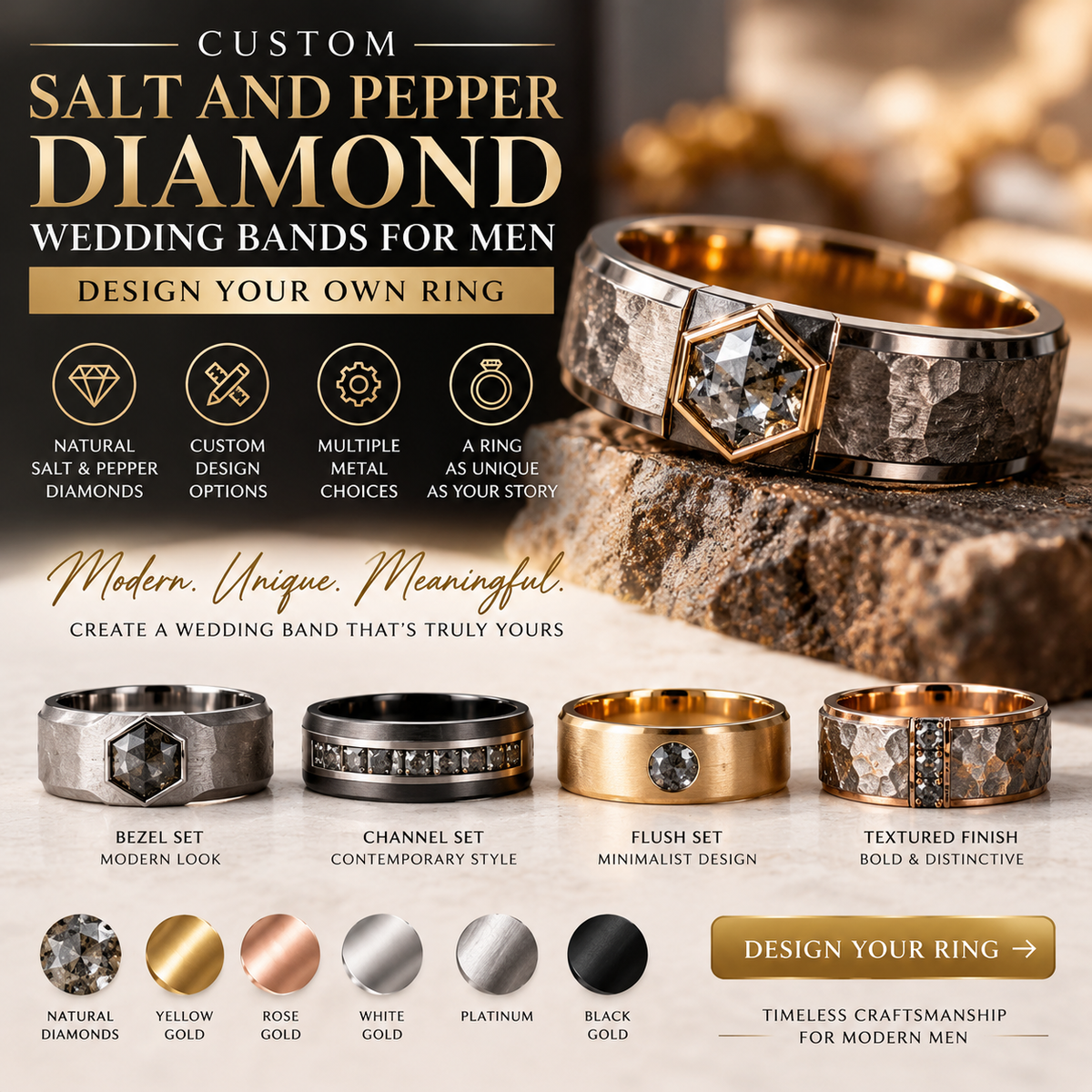 Custom Salt and Pepper Diamond Wedding Bands for Men: Design Your Own Ring