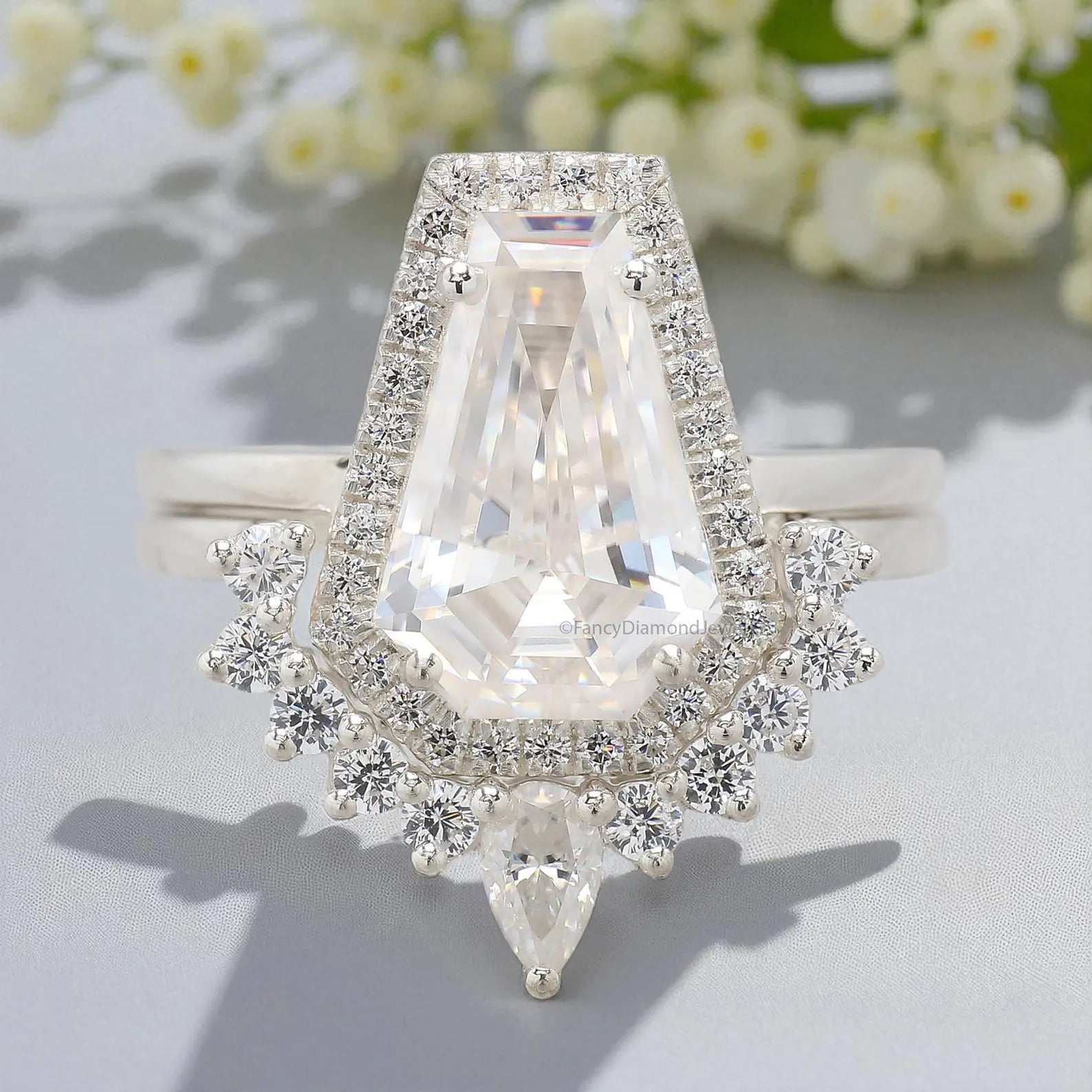 Coffin Cut Diamond Ring with Halo & Floral Cluster: A Bold Expression of Modern Romance