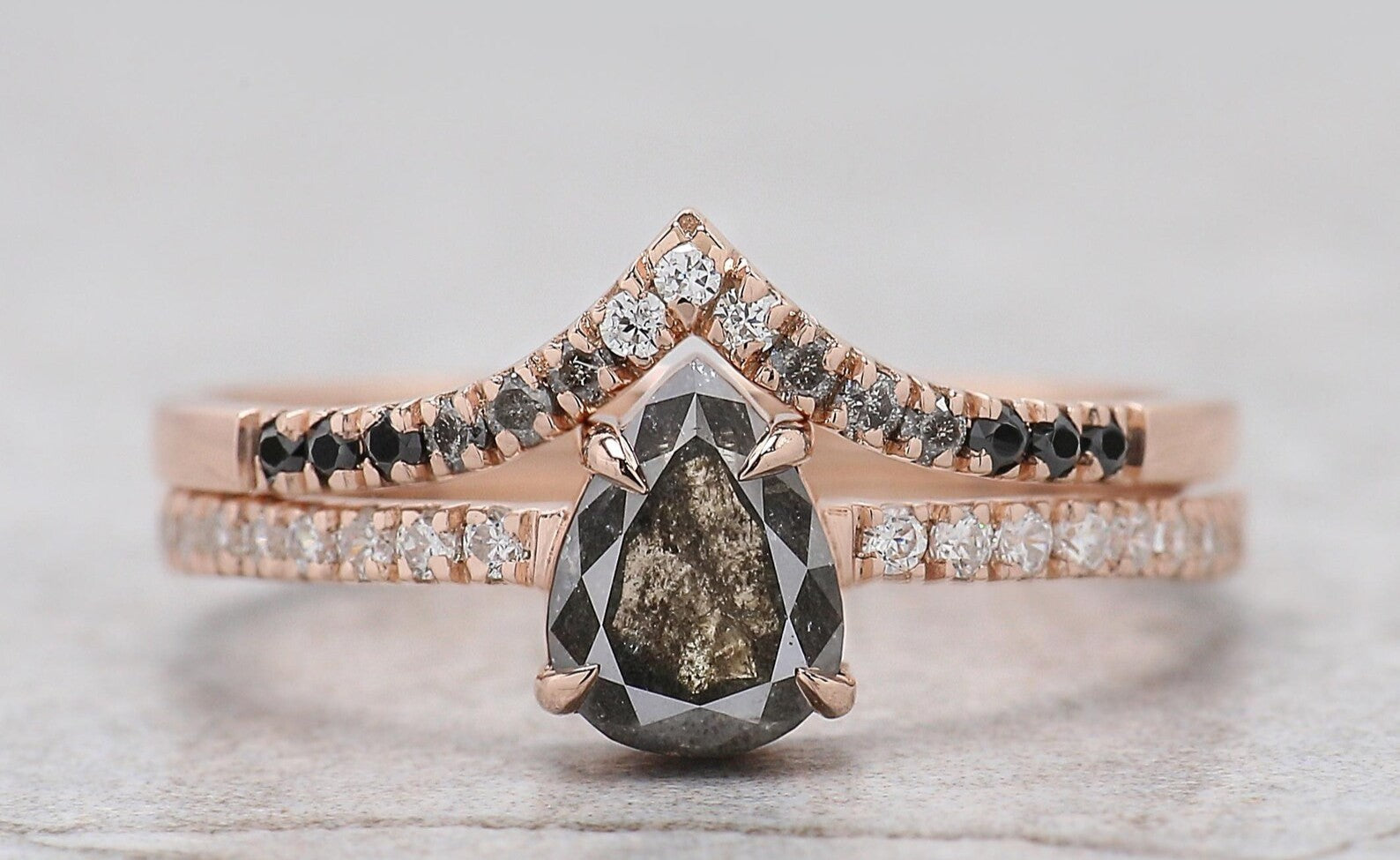 💍 Salt & Pepper Pear Diamond Ring with Chevron Band : A Modern Love Story