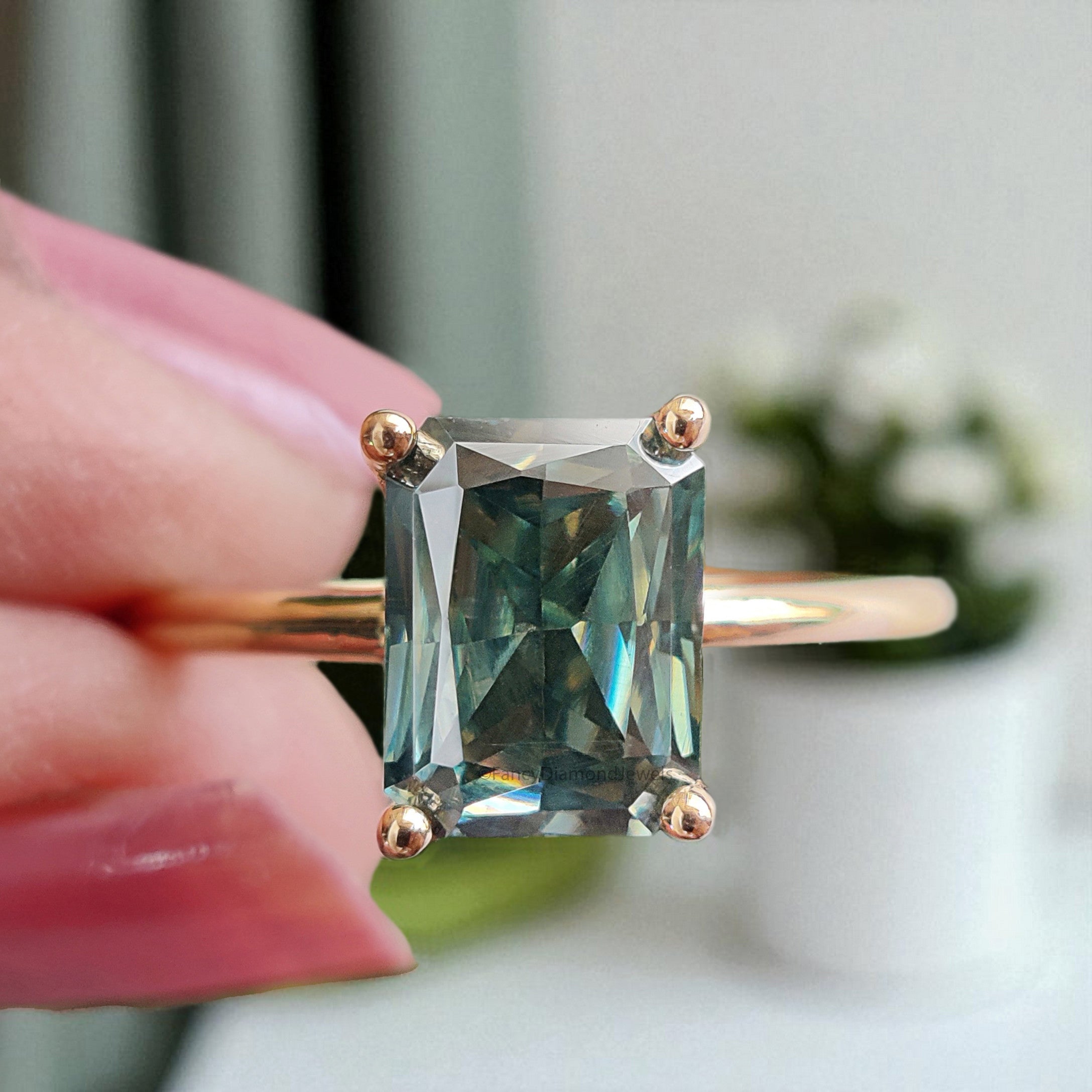 1.65 CT Green Color Radiant Cut Moissanite Ring Engagement Ring Vintage Solitaire Ring Yellow Gold Wedding Ring Anniversary Gift Ring FD403