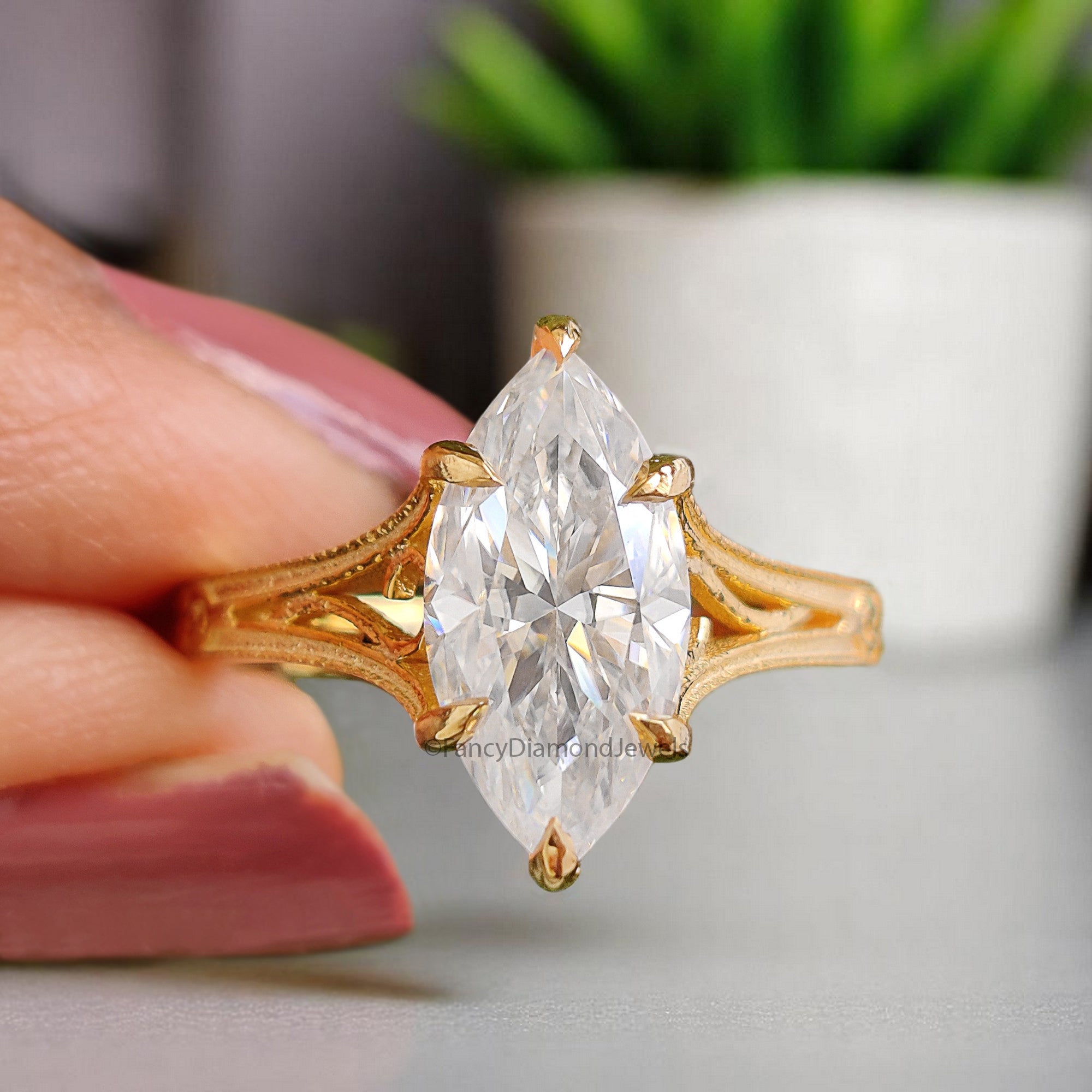1.15 CT Marquise Cut Moissanite Engagement Ring Filigree Wedding Ring Solitaire Ring Bridal Promise Ring Yellow Gold Ring Gift For Her FD365