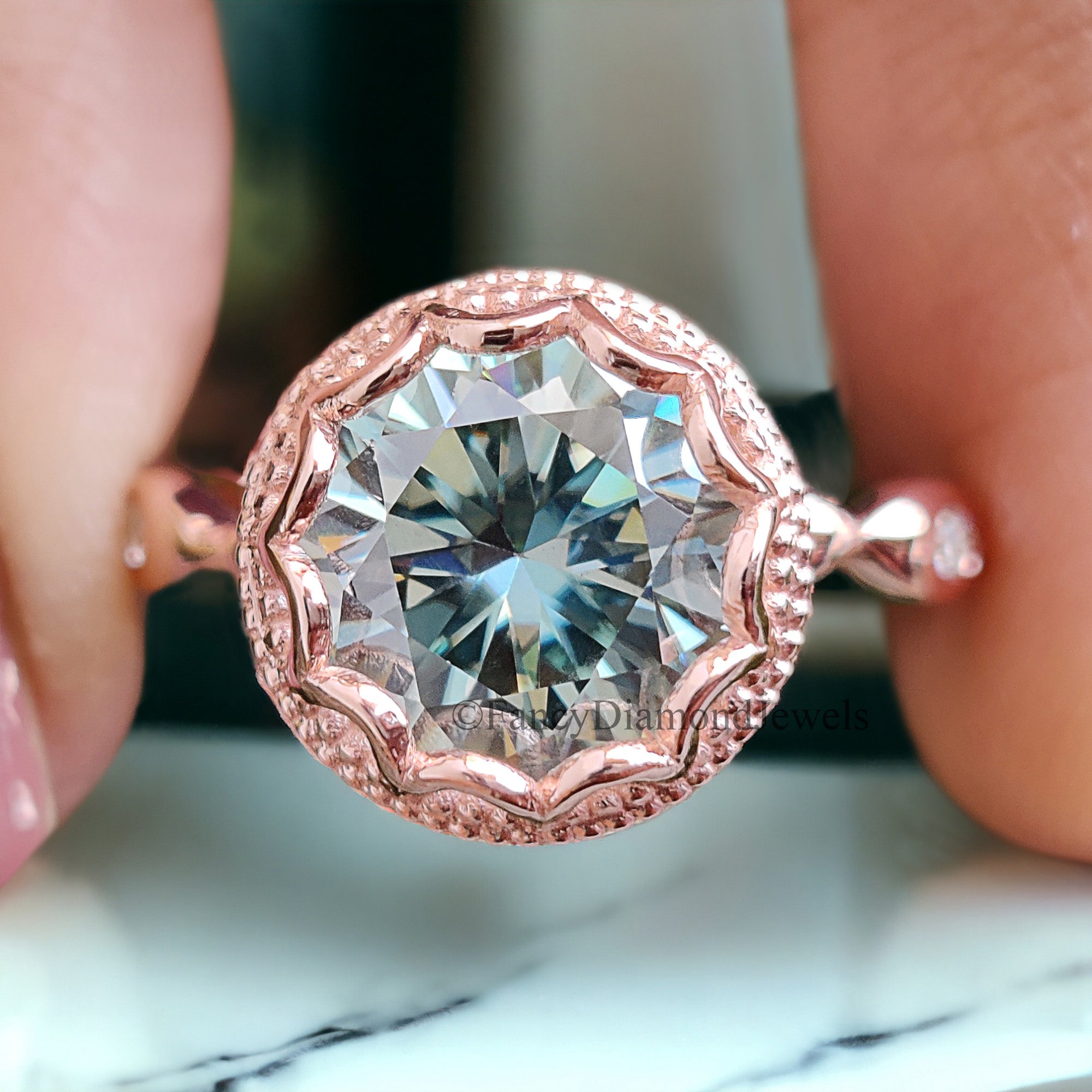 Round Cut Blue Moissanite Engagement Wedding Ring 14K Solid Gold Anniversary Ring Proposal Bezel Ring Authentic Moissanite Ring FD268