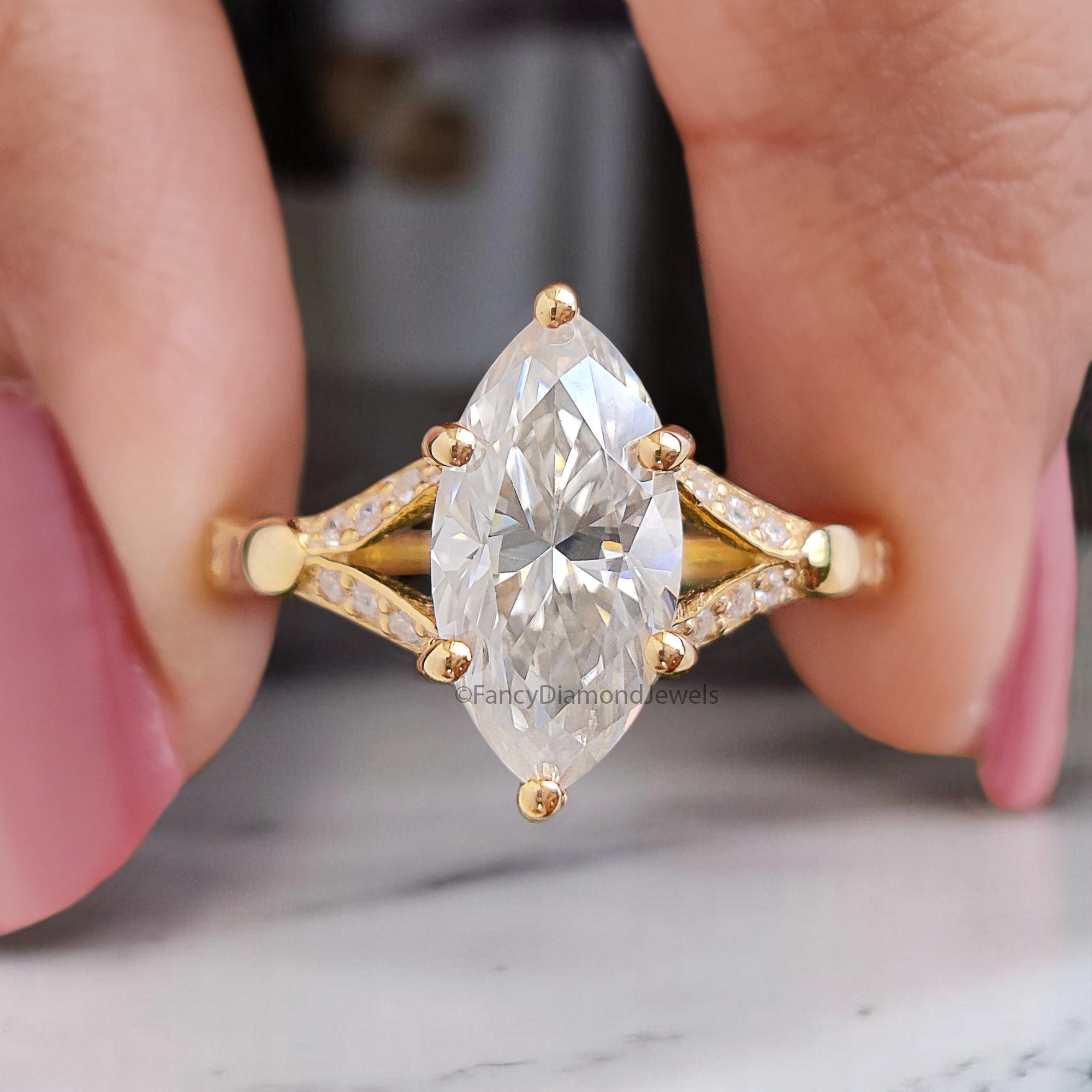 1.75 CT Marquise Cut Moissanite Engagement Ring Split Band Ring Bridal Ring Prong Set Ring Wedding Ring Yellow Gold Ring Promise Ring FD363