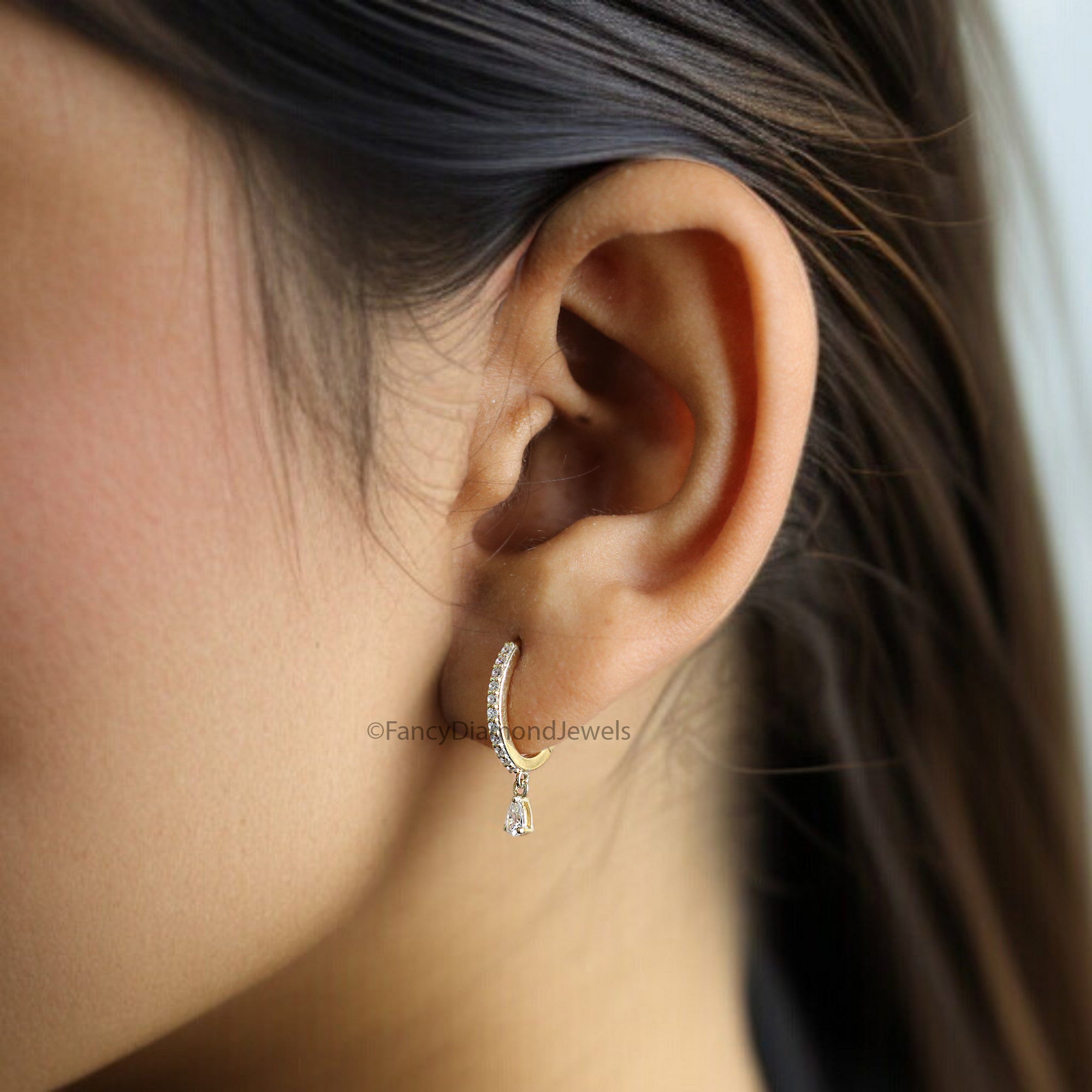 Pear Colorless Moissanite Earrings Huggie Hoop Dangle Earrings Bridal Earrings Yellow Gold Earrings Anniversary Gift For Women FD344