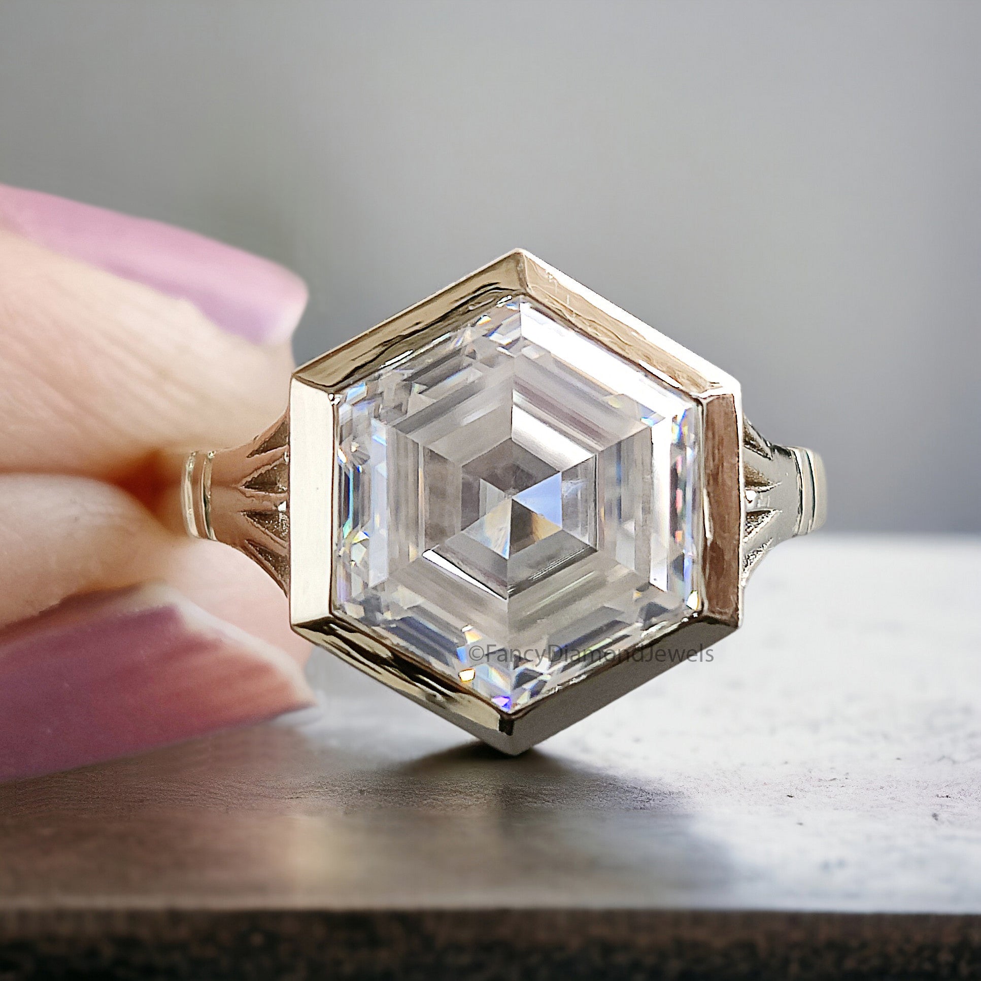 3.20 CT Elongated Hexagon Cut Moissanite Engagement Ring Yellow Gold Ring Bezel Set Art Deco Bridal Promise Anniversary Gift For Her FD316