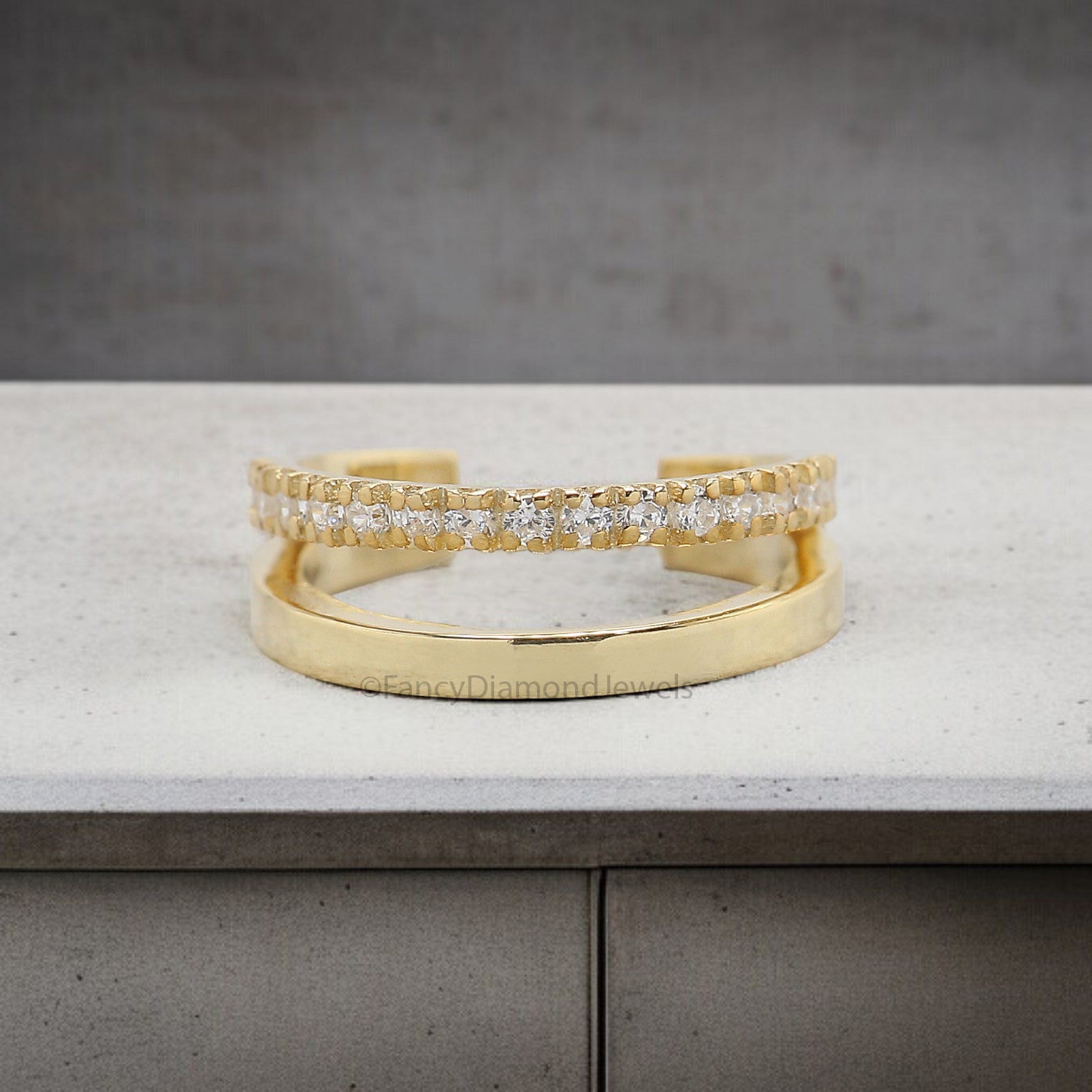 Round Brilliant Cut Colorless Moissanite Diamond Ear Cuff Double Band Ear Cuff Dainty Ear Cuff Yellow Gold Ear Wrap FD347