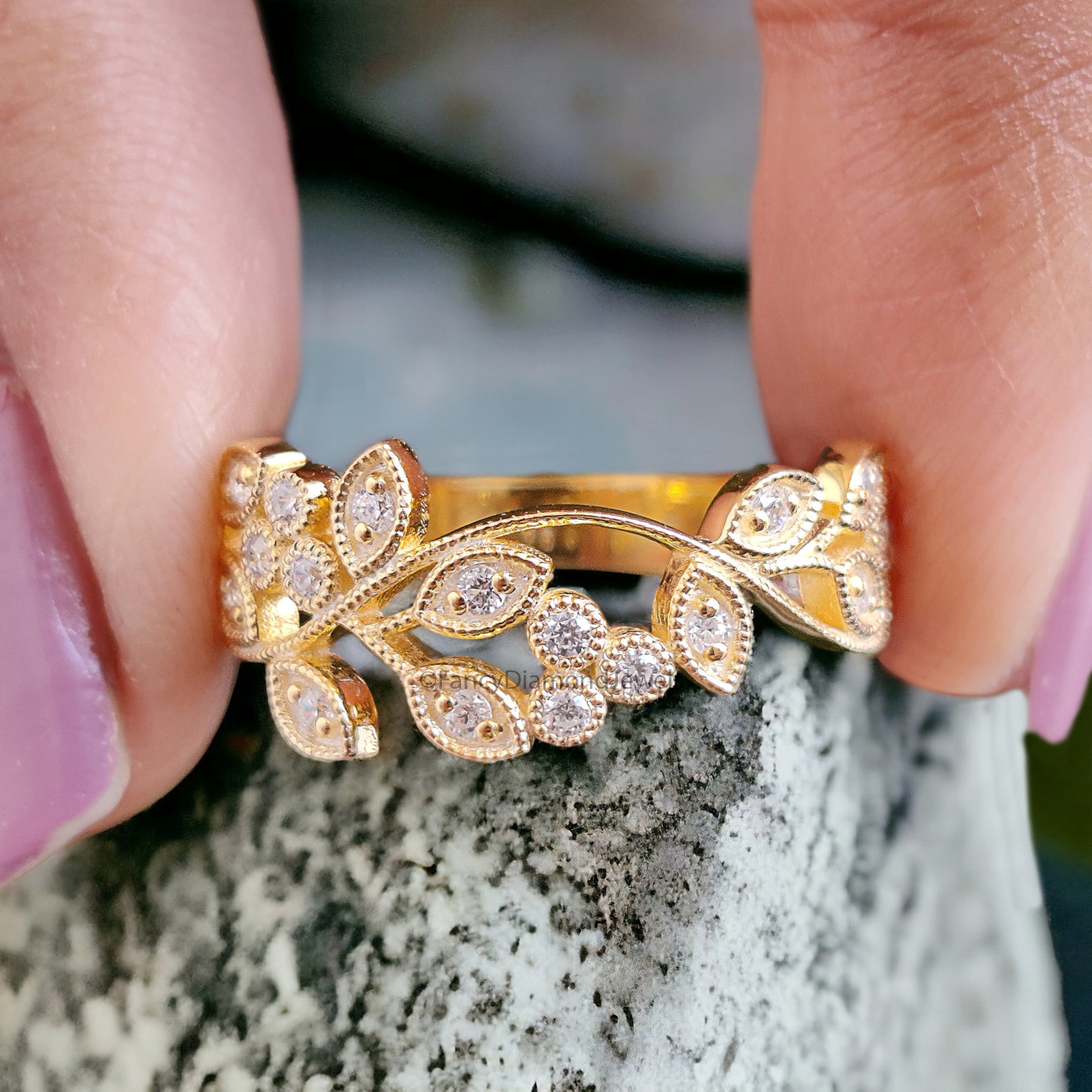 0.23 CT Round Diamond Bridal Ring Engagement Ring Vintage Leaf Vine Stacking Ring Unique Wedding Ring 14K Solid Gold Anniversary Ring FD290