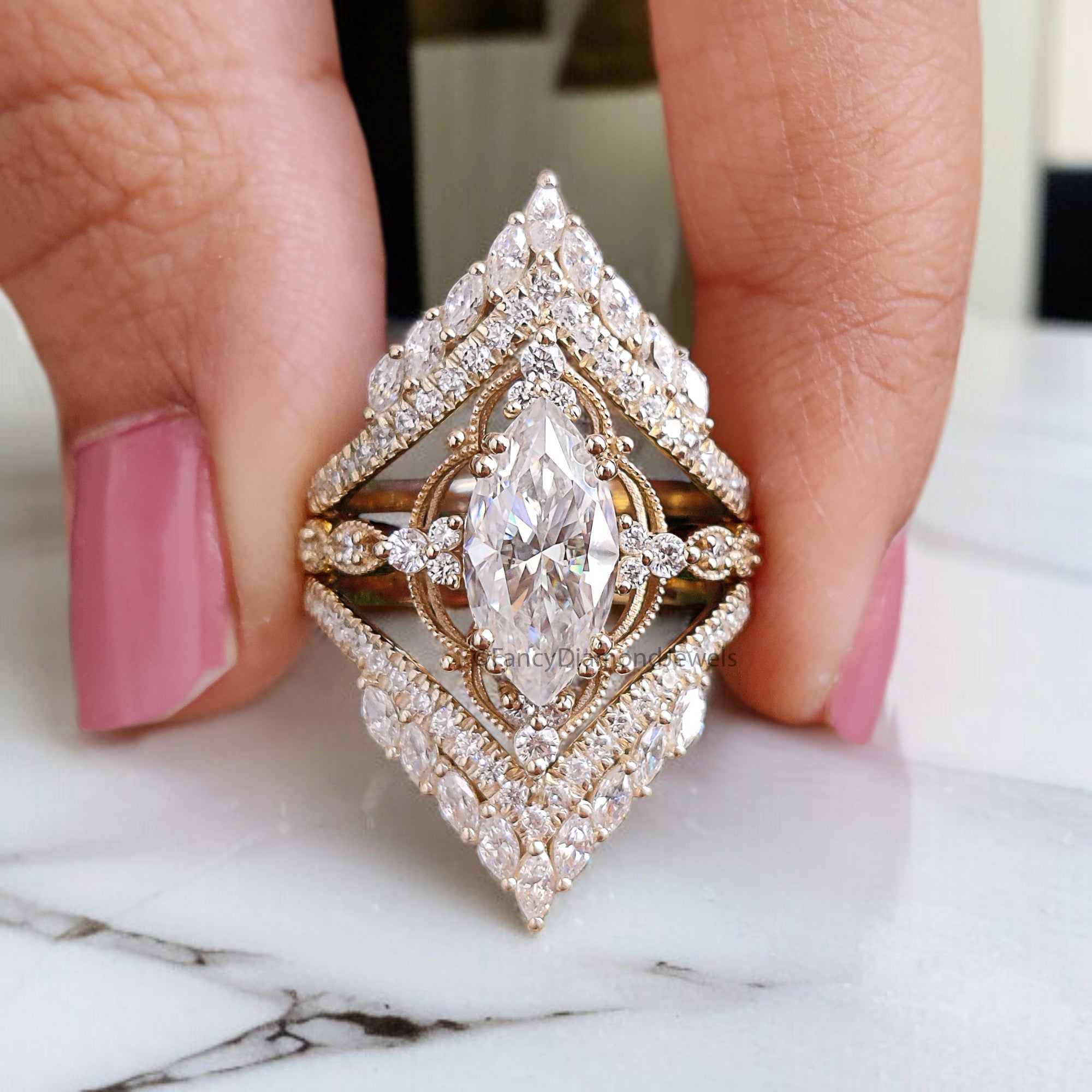 Marquise Moissanite Bridal Set 2pcs Moissanite Cage Ring Unique Engagement Ring Yellow Gold Vintage Wrap Ring Bridal Anniversary Ring FD318