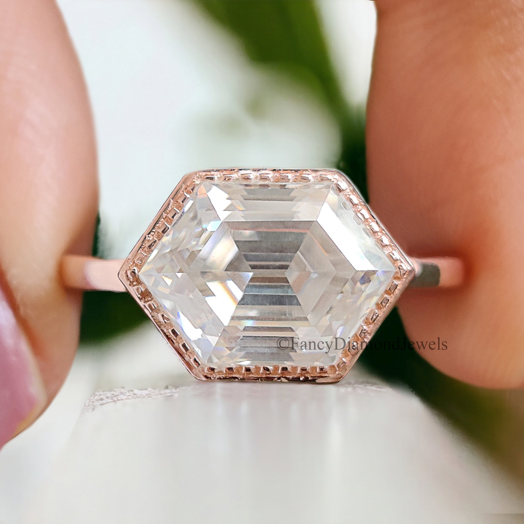 2.35 CT Elongated Hexagon Cut Moissanite Engagement Ring Rose Gold Ring Bezel Set Art Deco Bridal Promise Anniversary Gift For Her FD261