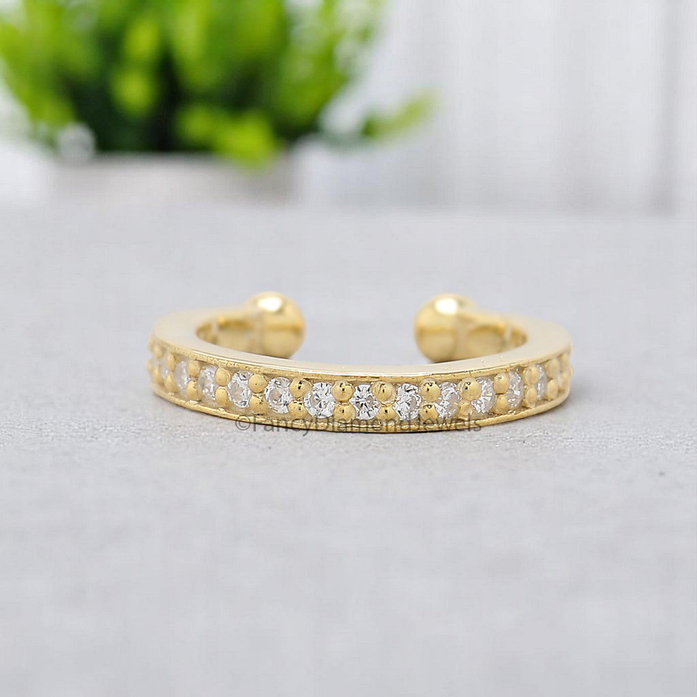 Round Brilliant Cut Colorless Moissanite Diamond Ear Cuff Dainty Ear Cuff Pave Set Sterling Silver Helix Piercing Yellow Gold Ear Wrap FD350