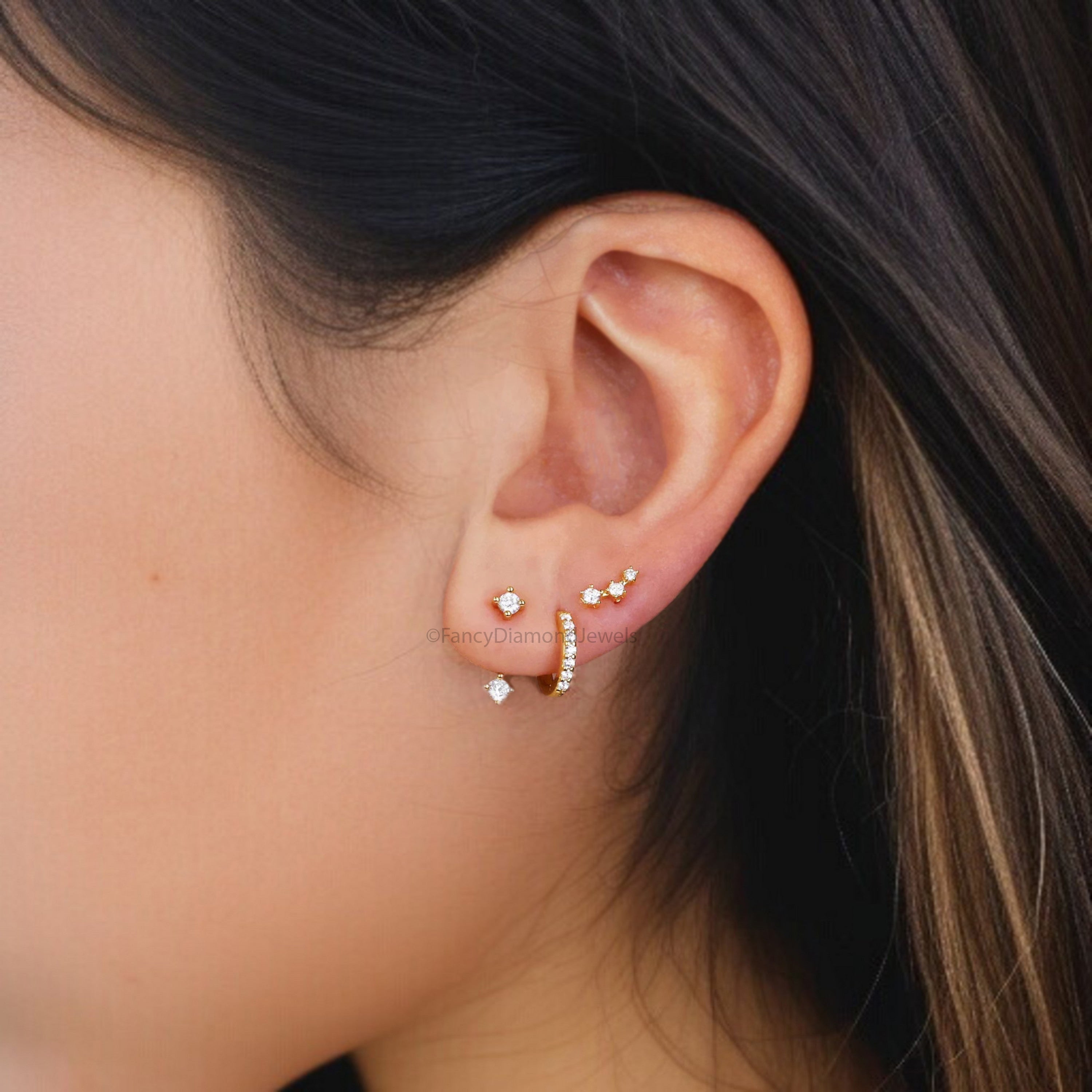 Front Back Earring Set ear jacket Round Brilliant Cut Colorless Moissanite Gold Ear Cuff jacket earrings minimal earring Gold Ear Wrap FD327