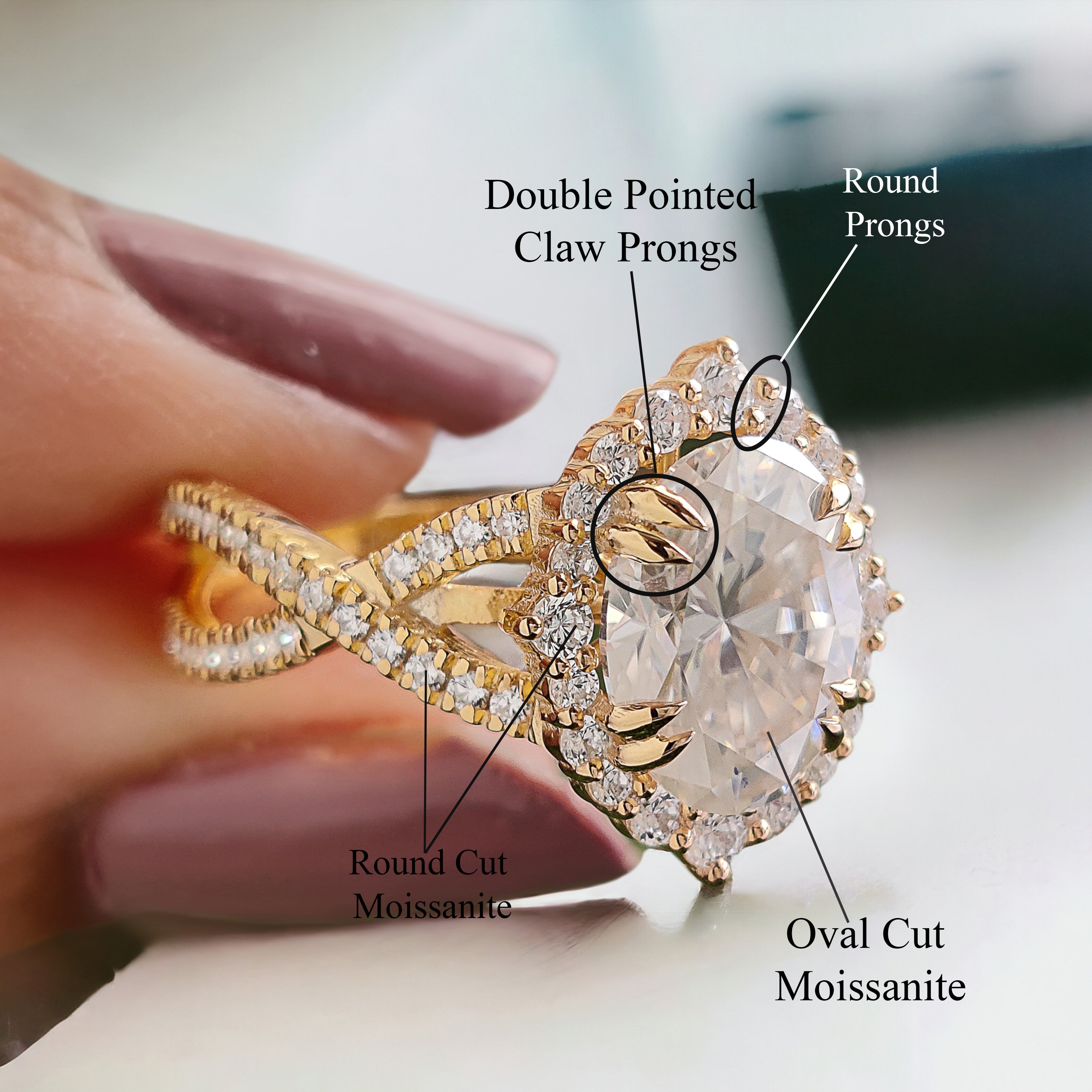 Oval Engagement Ring 1.70 CT Oval Crushed Ice Colorless Moissanite Wedding Ring Ring for Women Anniversary Gift Halo Ring Twisted Band FD208