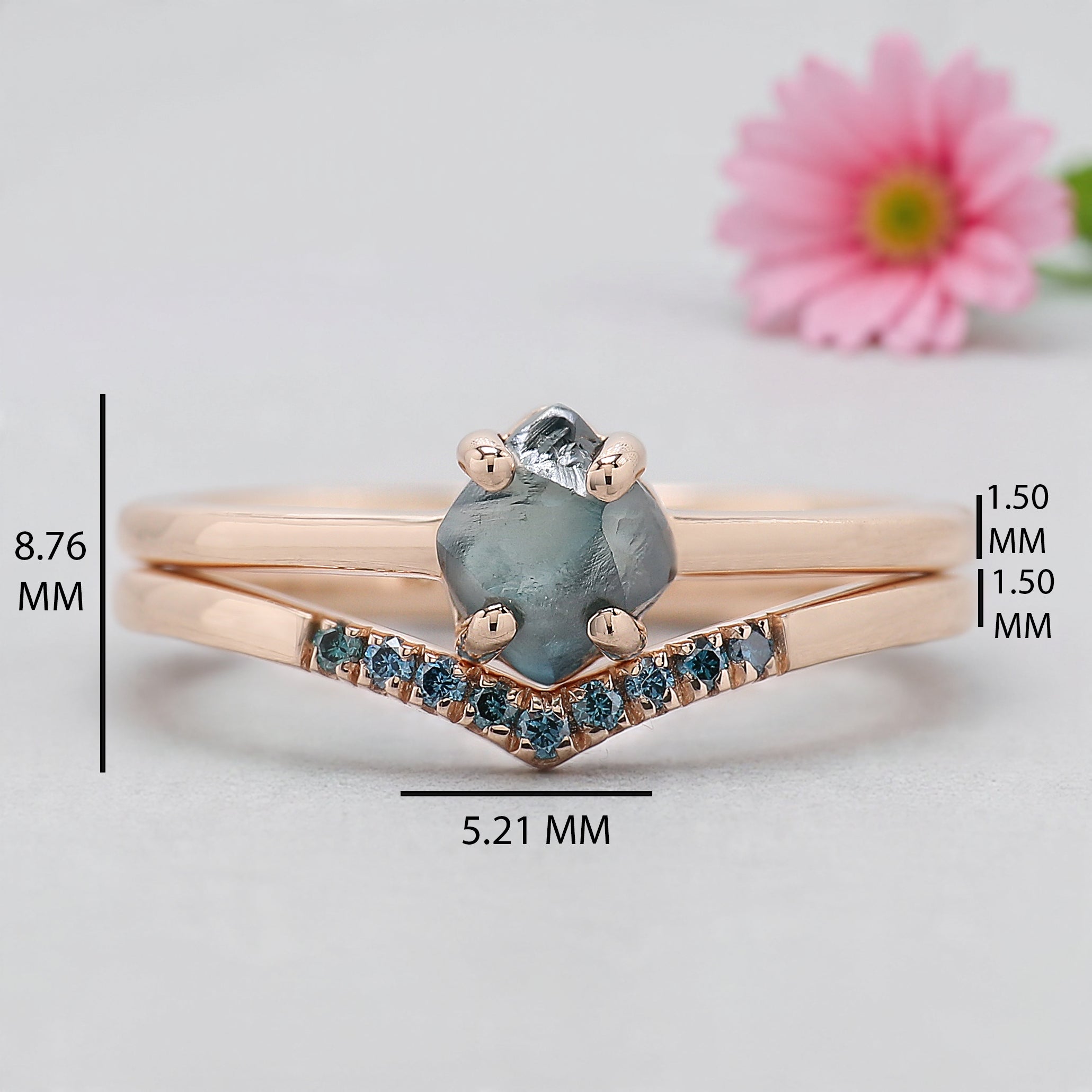1.05 Ct Natural Rough Cut Blue Color Diamond Ring 6.30 MM Crystal Rough Diamond Ring 14K Solid Rose Gold Silver Engagement Ring QL2344