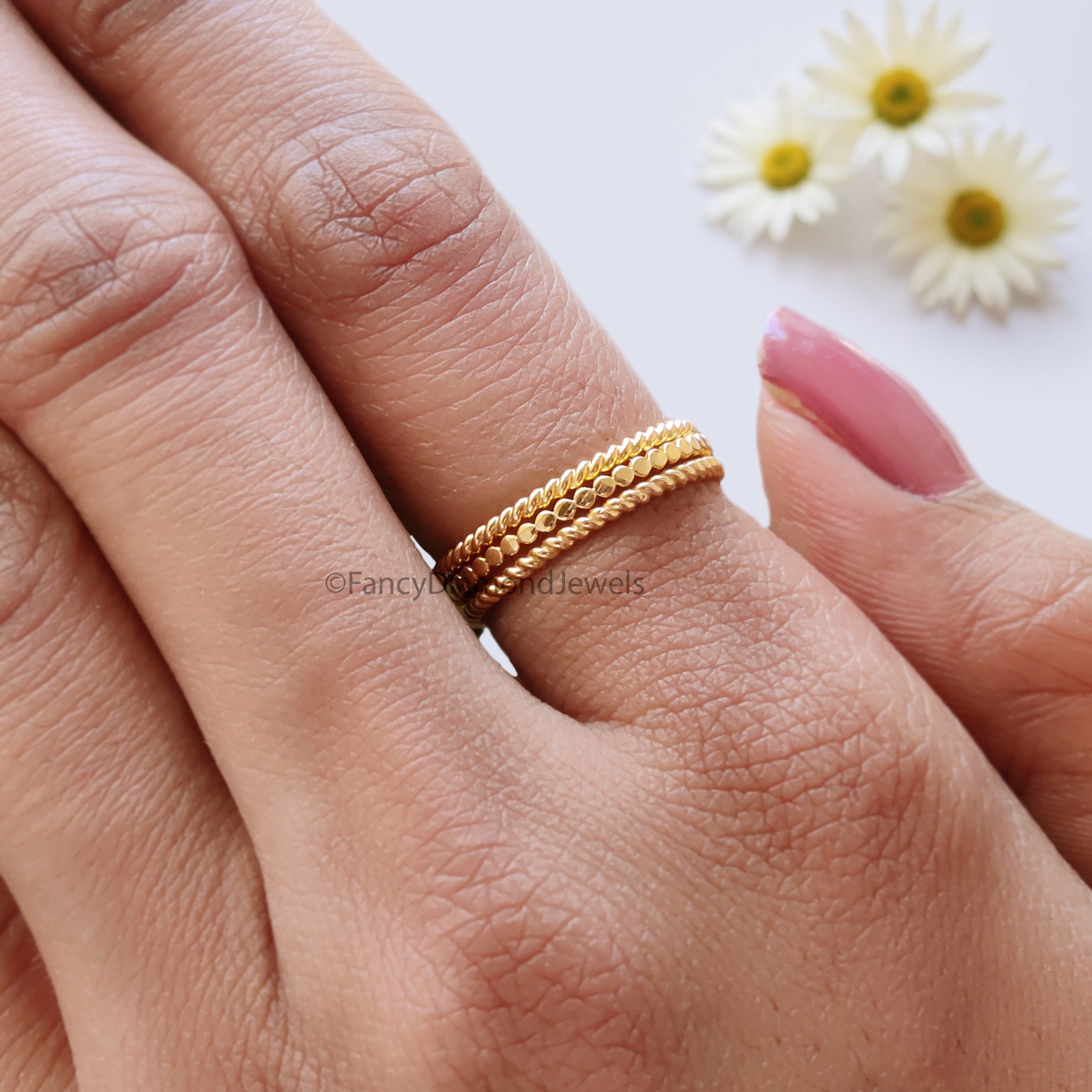 Handmade Filled Stackable 5 Rings Set Simple Wedding Band Yellow Gold Unique Wedding Band Minimal Dainty Stacking Band Gift For Her FD540