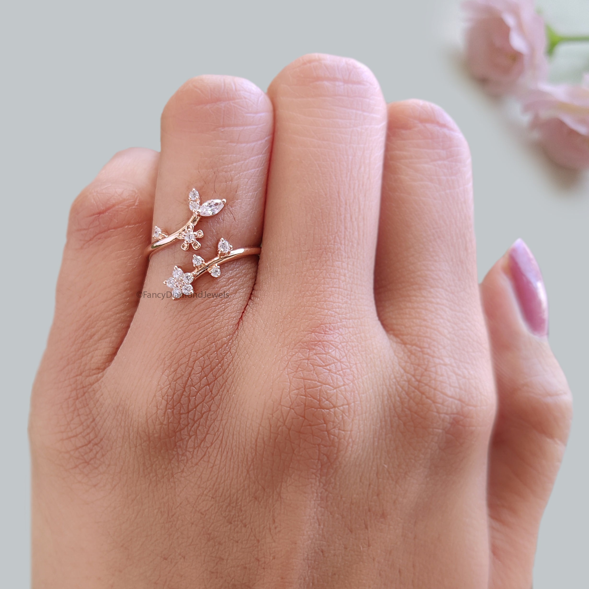 Marquise / Round Cut Wedding Ring Rose Gold Unique Anniversary Ring Spring Flower Ring Adjustable Delicate Personalized Gift For Her FD536