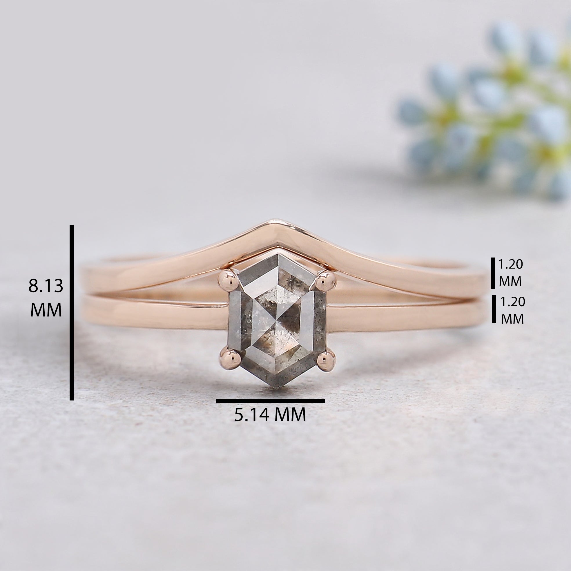 0.74 Ct Natural Hexagon Salt And Pepper Diamond Ring 6.05 MM Hexagon Cut Diamond Ring 14K Solid Rose Gold Silver Engagement Ring Set KDN585