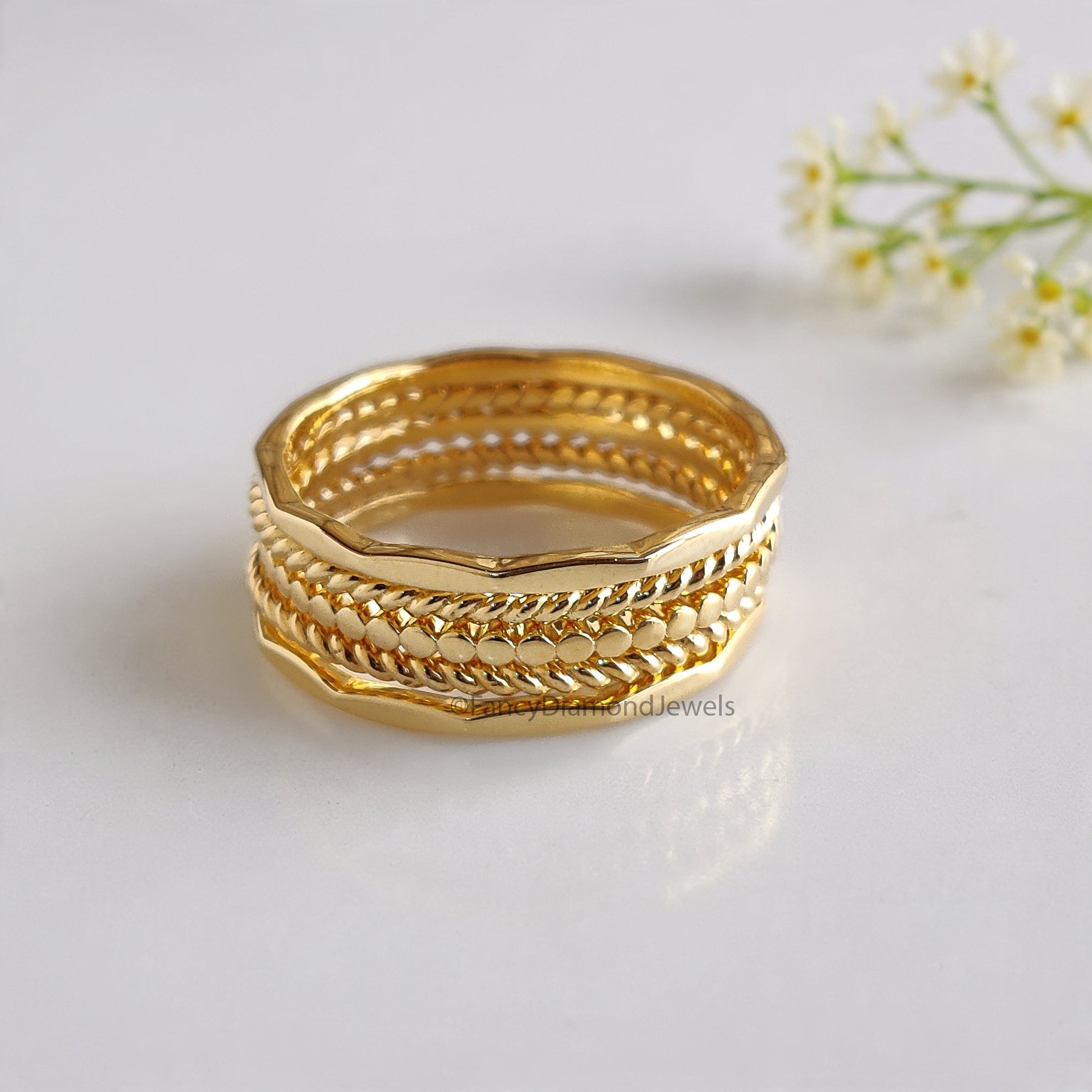 Handmade Filled Stackable 5 Rings Set Simple Wedding Band Yellow Gold Unique Wedding Band Minimal Dainty Stacking Band Gift For Her FD540