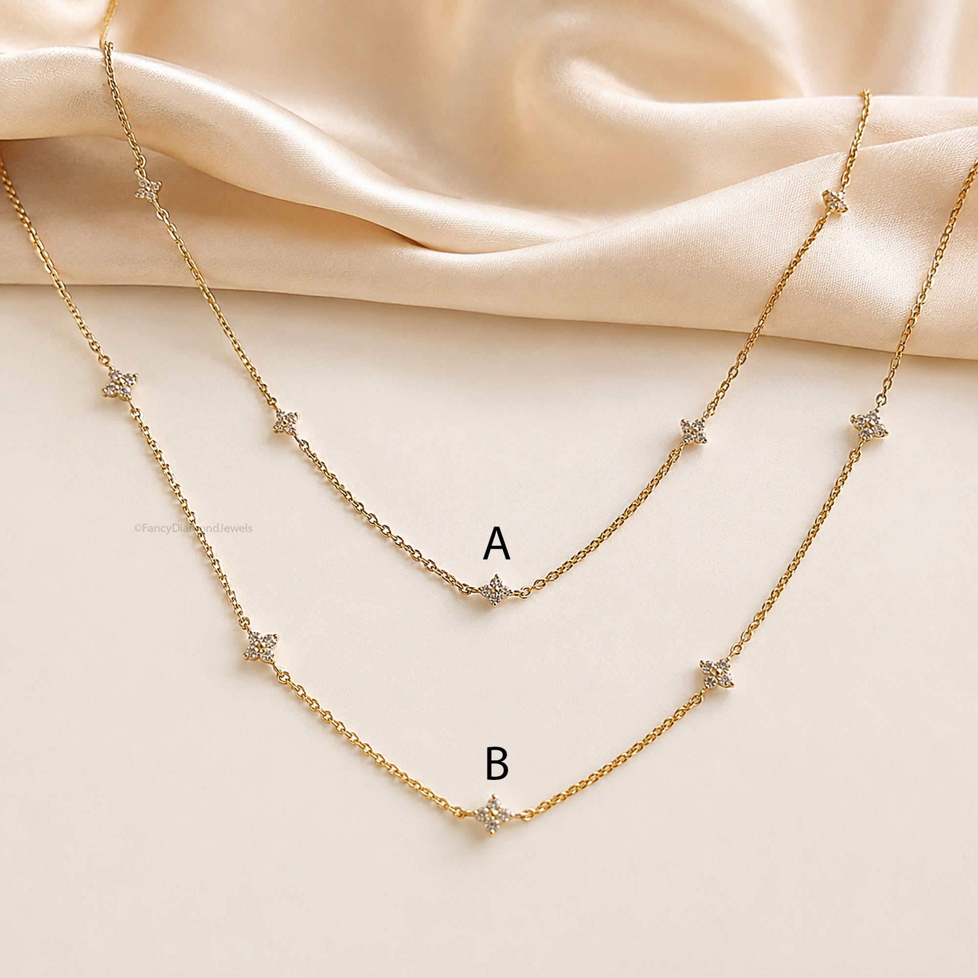 18K Gold Attached Diamond Station Necklace | Four Leaf Clover Star Necklace | Dainty or Large Diamond Chain | Everyday Fine Jewelry FD569