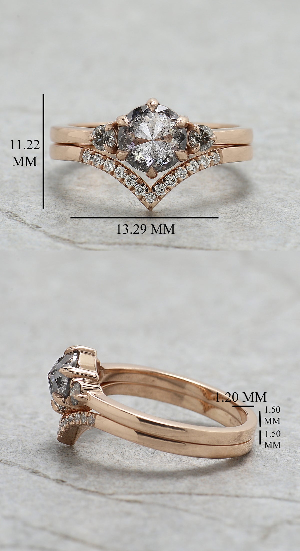 Round Rose Cut Salt and Pepper Diamond Ring, 14K Rose Gold Round Engagement Ring, Bridal Ring Set, Unique Diamond Ring Gift for Her KDL3613