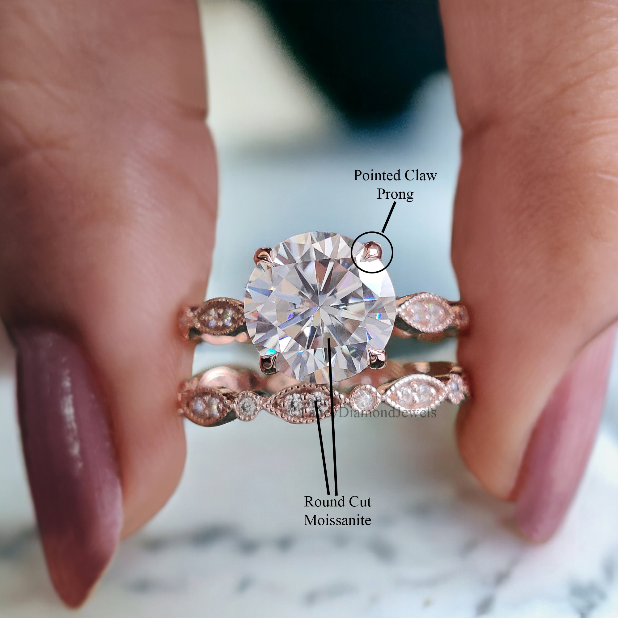 Wedding Ring Set Moissanite Rose Gold Engagement Ring Round 8.00 MM Moissanite Ring Diamond Milgrain Band Solitaire Ring Promise Ring FD130