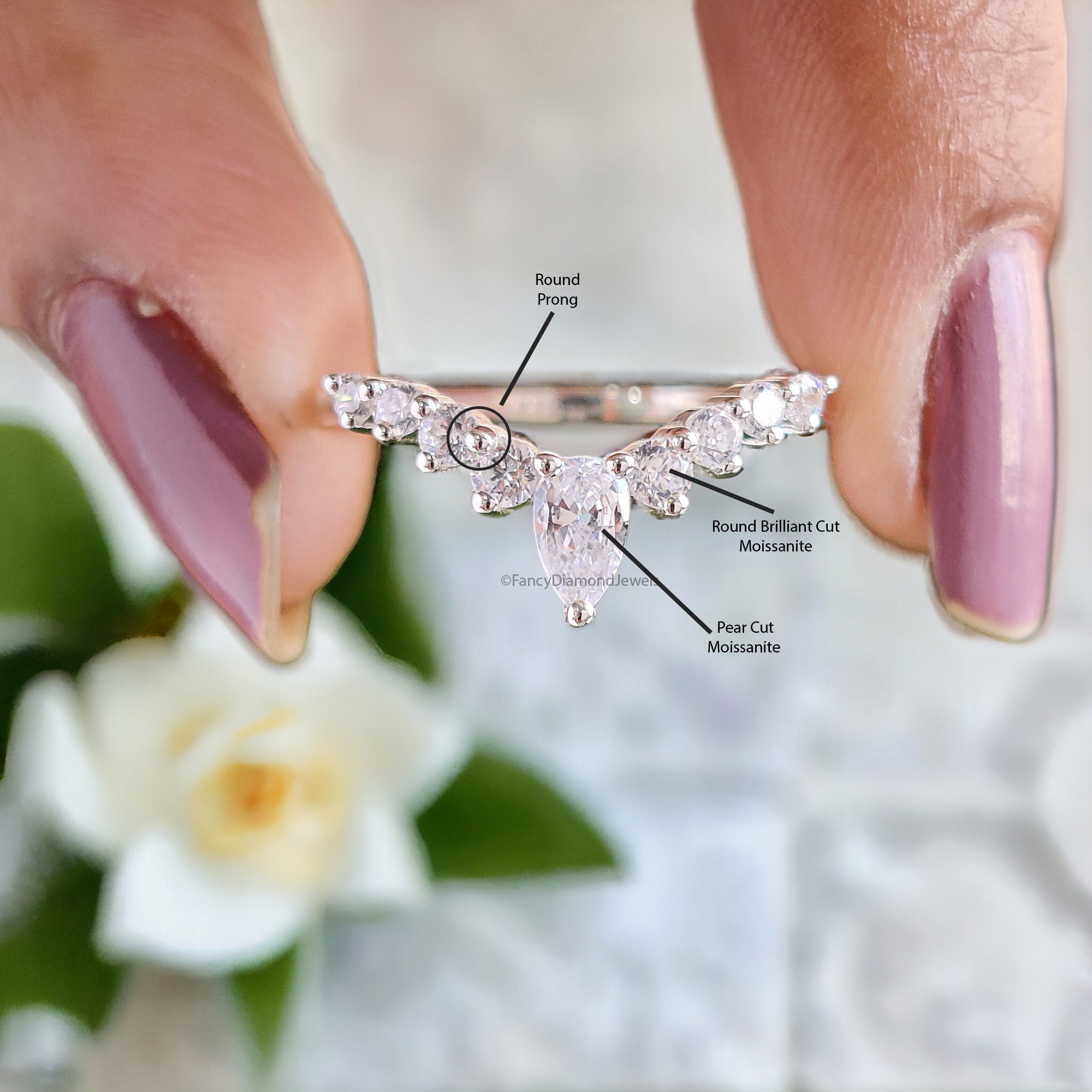 0.23 CT Pear Cut Moissanite with side Round Brilliant Cut Moissanite Diamond Tiara Wedding Band Anniversary Gift for Her Bridal Band FD36