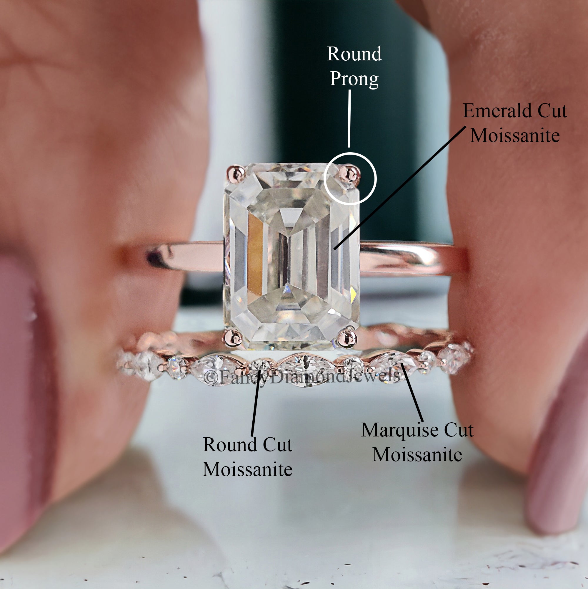 Emerald Cut Moissanite Engagement Ring Set Solitaire Engagement Ring Rose Gold Unique Full Eternity Ring Anniversary Gift For Women FD220