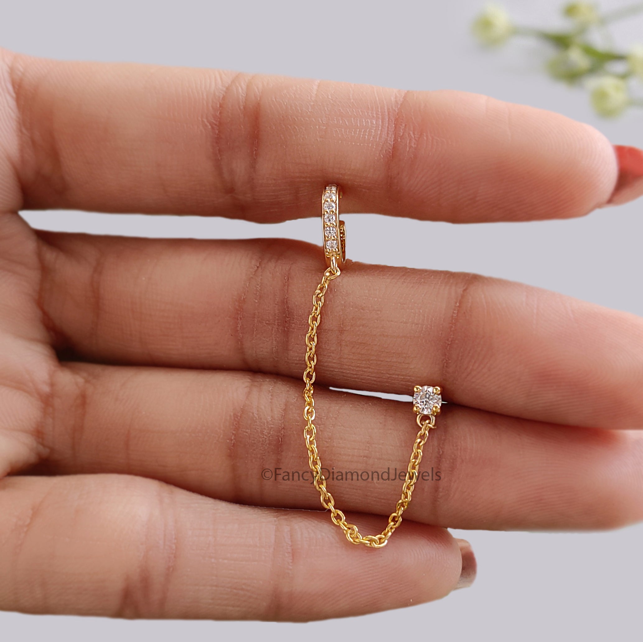 Minimalist Pave Ear Cuff Chain Earrings Round Diamond Stud Dangle Earrings in Gold and Sterling Silver Trendy Ear Cuff Chain Earrings FD533