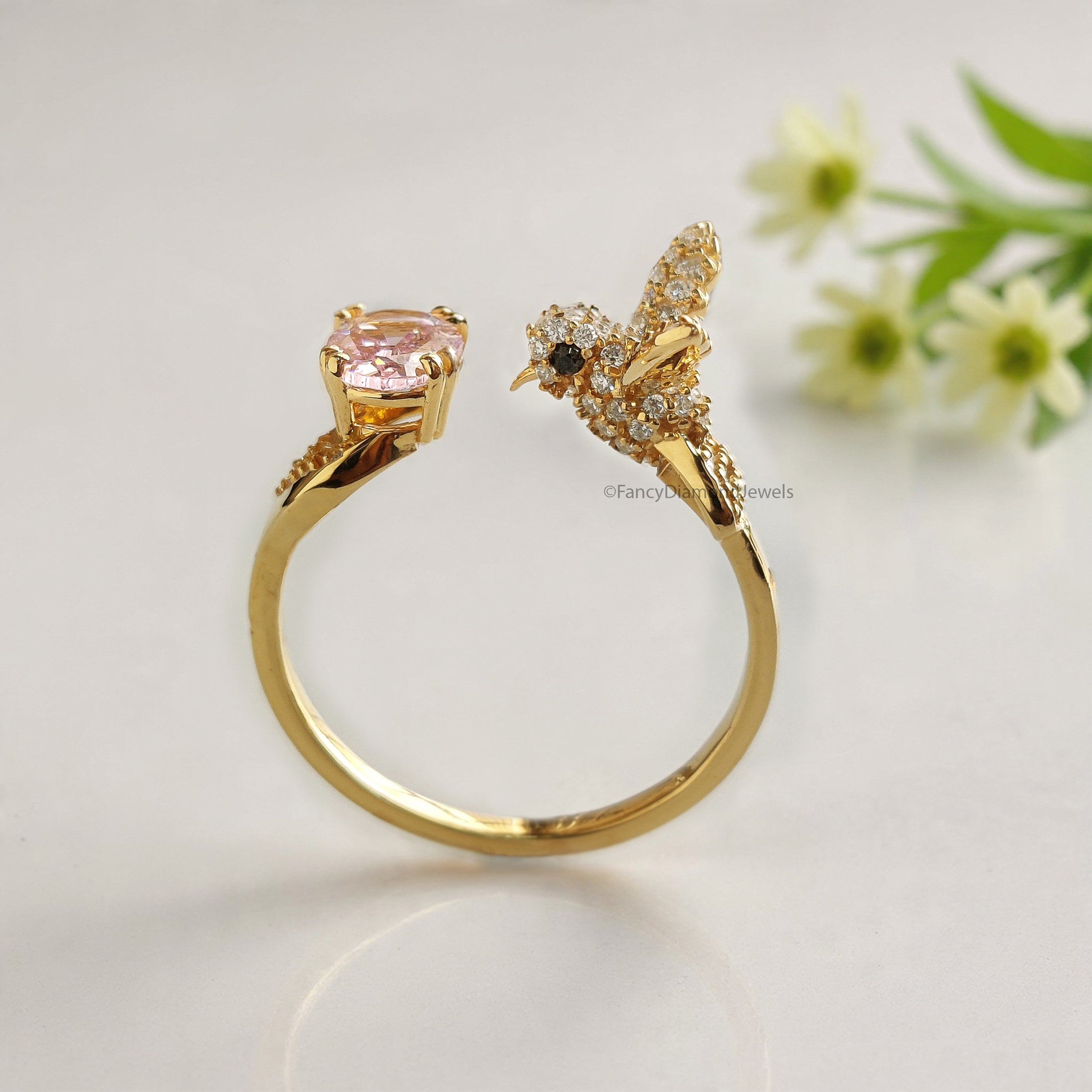 Oval Diamond Bird Ring Simulated Diamond Engagement Ring Yellow Plated Ring Anniversary Ring Simulant Pink Oval ring Gift For Her FD532