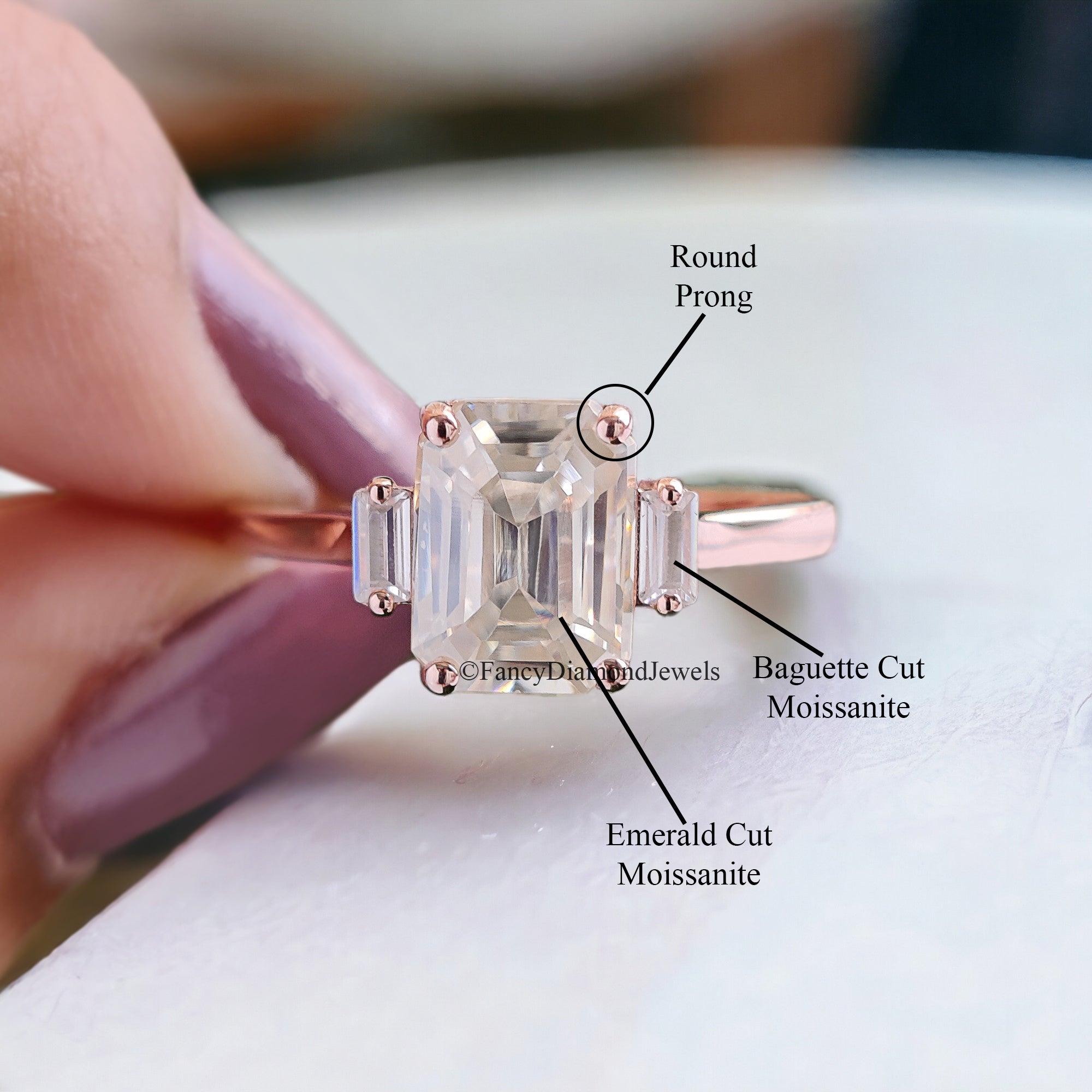 Three Stone Ring Emerald With Side Baguettes 1.50 CT Colorless Emerald Moissanite Engagement Ring Wedding Ring Rose Gold Designer Ring FD95