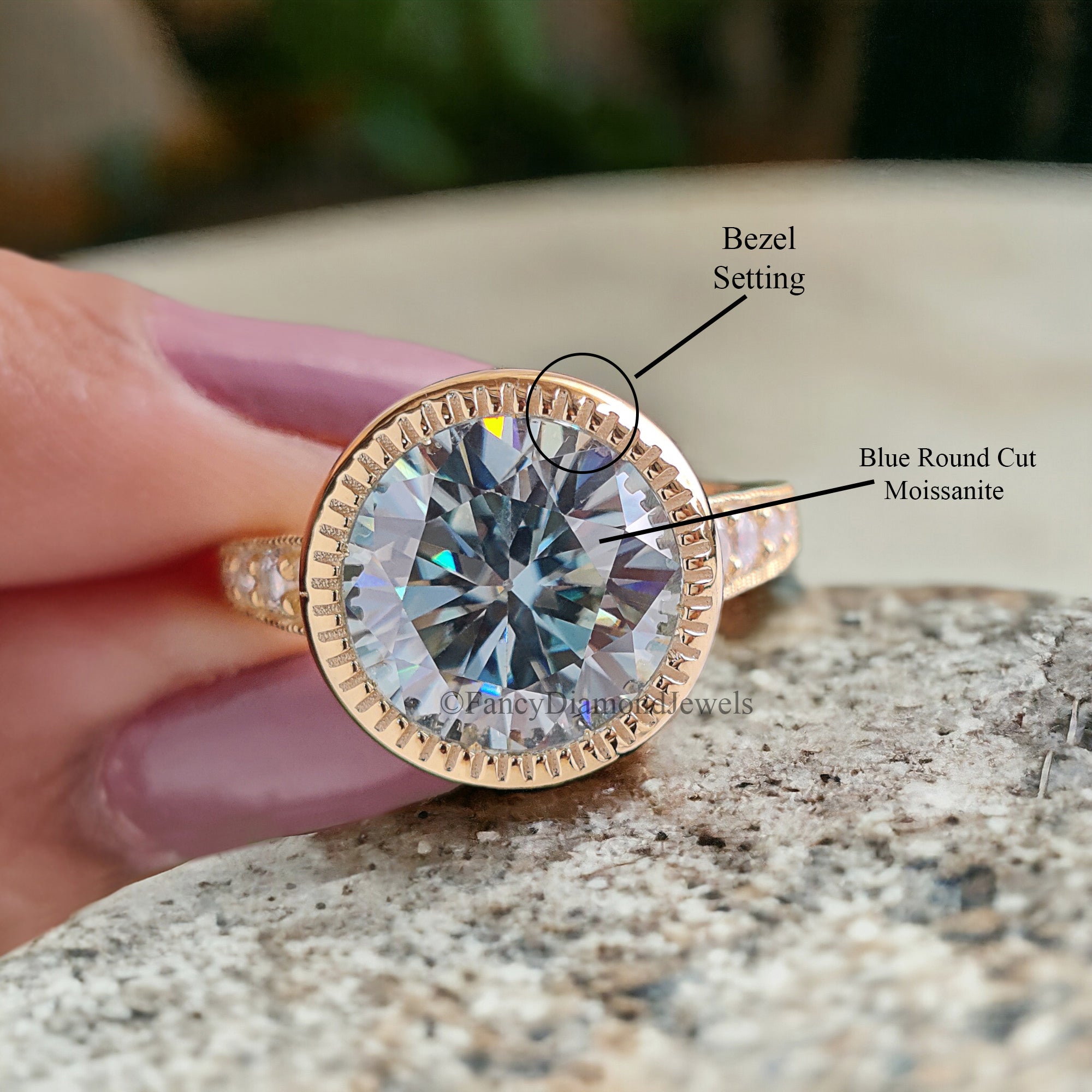 Round Cut Aqua Blue Moissanite Engagement Wedding Ring 14K Solid Gold Anniversary Ring Proposal Bezel Ring Authentic Moissanite Ring FD177