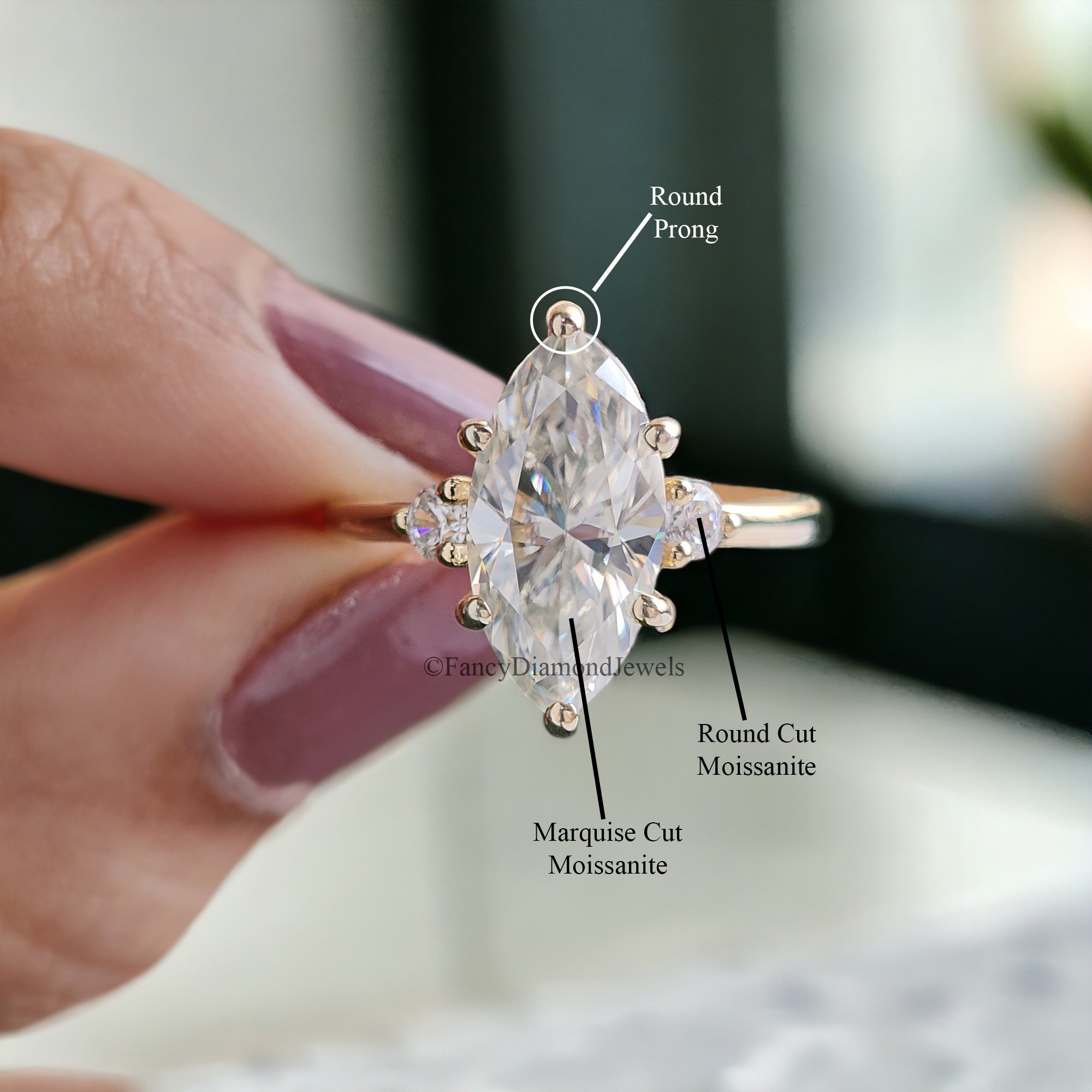 2 Carat Marquise Shape Colorless Engagement Ring With Side Accent Stones Wedding Ring Anniversary Ring 14K Solid Real Yellow Gold Ring FD74