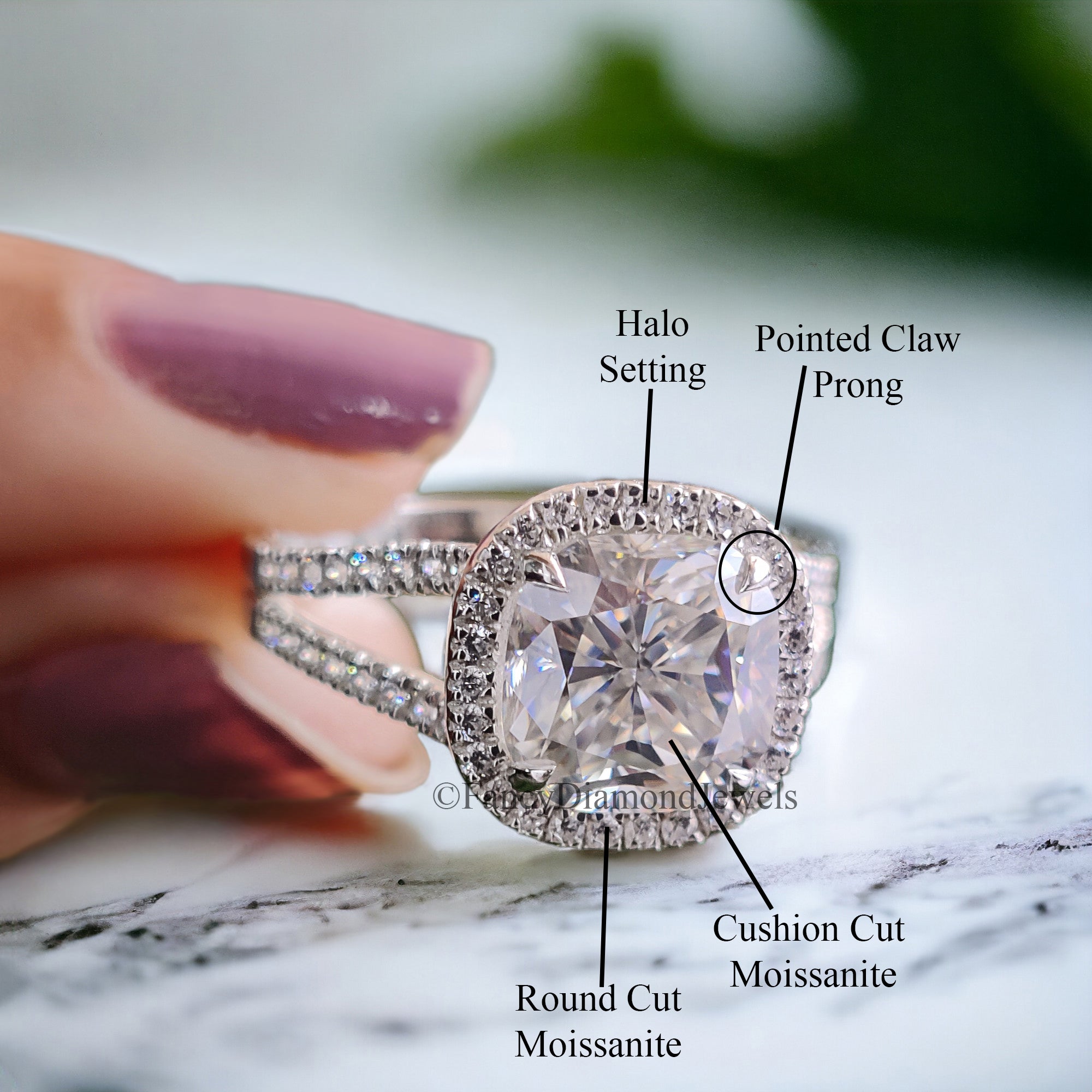 Halo Split Shank Engagement Ring 2.35 TW Cushion Shape Colorless Moissanite Ring Wedding Ring in Solid 10k/14k/18k White Gold Ring FD52