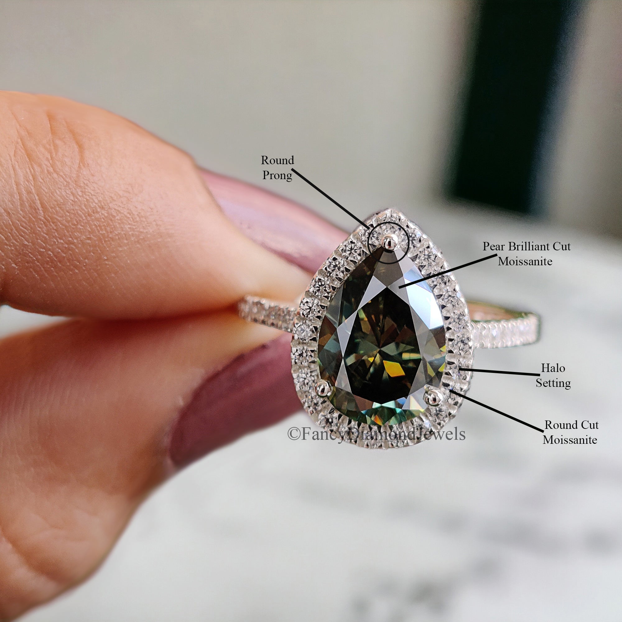 Pear Cyan Green Moissanite Ring Halo Engagement Ring 2.30 TW Pear Shaped Moissanite Ring Proposal Ring For Her Anniversary Gift Ring FD40