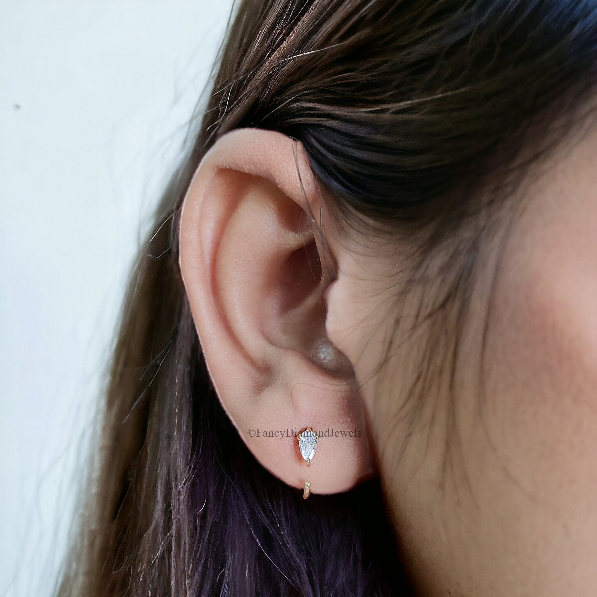 Tiny Solid Gold Pear Open Hoop Earrings Yellow Gold Pear Moissanite Diamond Mini Hoop Dewdrop Hoop Earring Minimalist Jewelry FD43