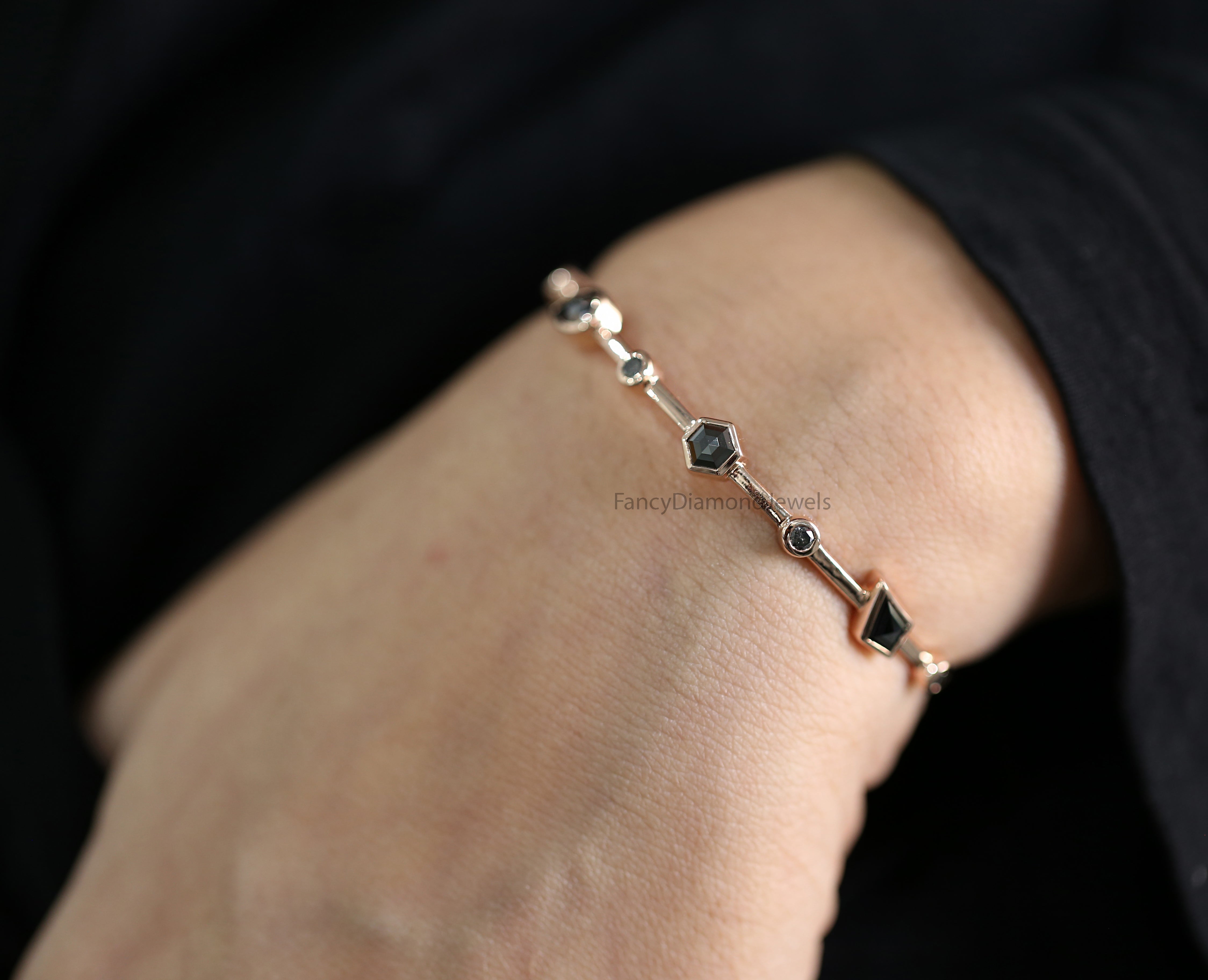 Mix Shape Black Color Diamond Bracelet, Mix Shape Diamond Anniversary Gift Bracelet, Gold Bracelet, Hexagon Diamond Bracelet KDN2284