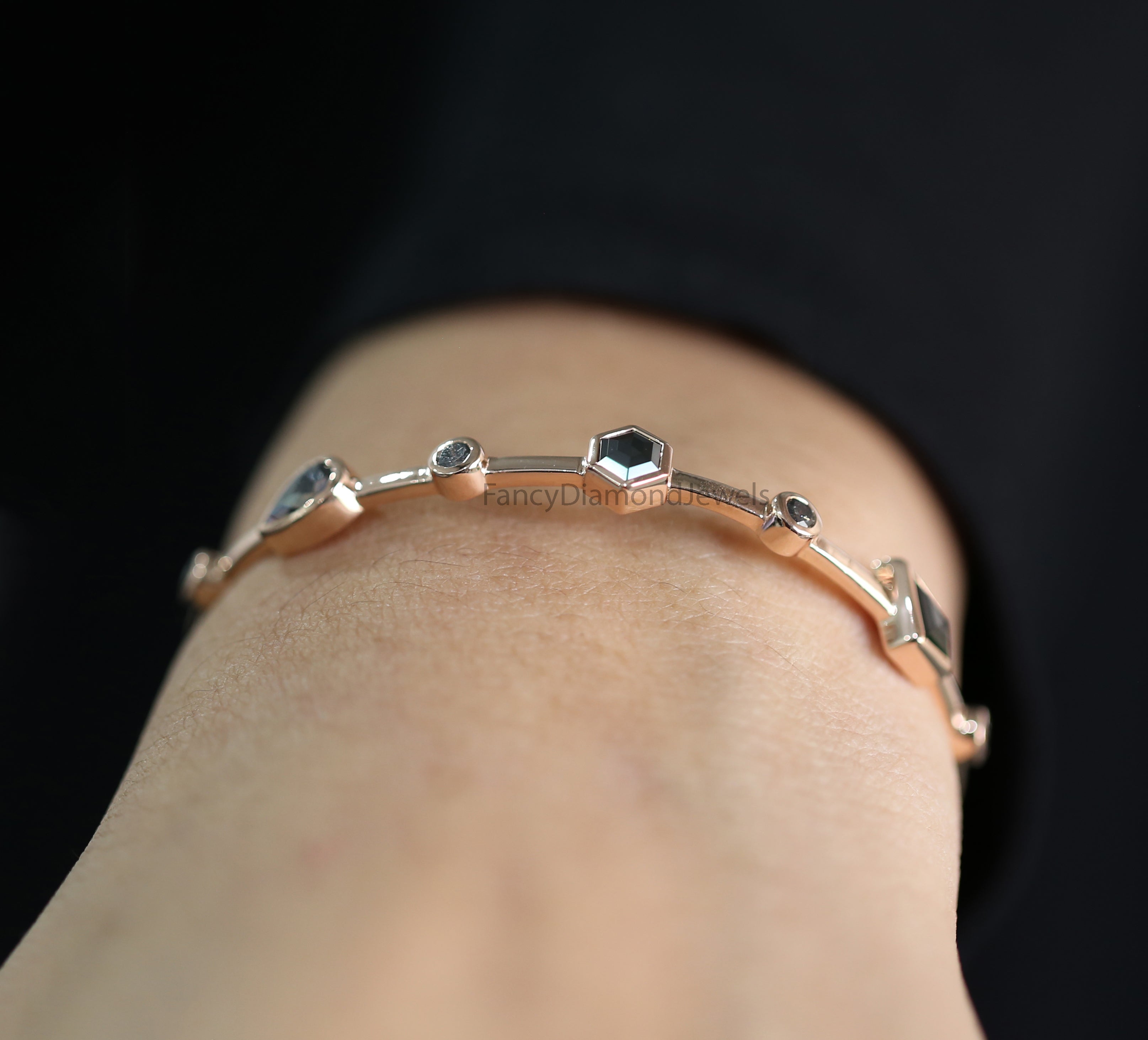 Mix Shape Black Color Diamond Bracelet, Mix Shape Diamond Anniversary Gift Bracelet, Gold Bracelet, Hexagon Diamond Bracelet KDN2284