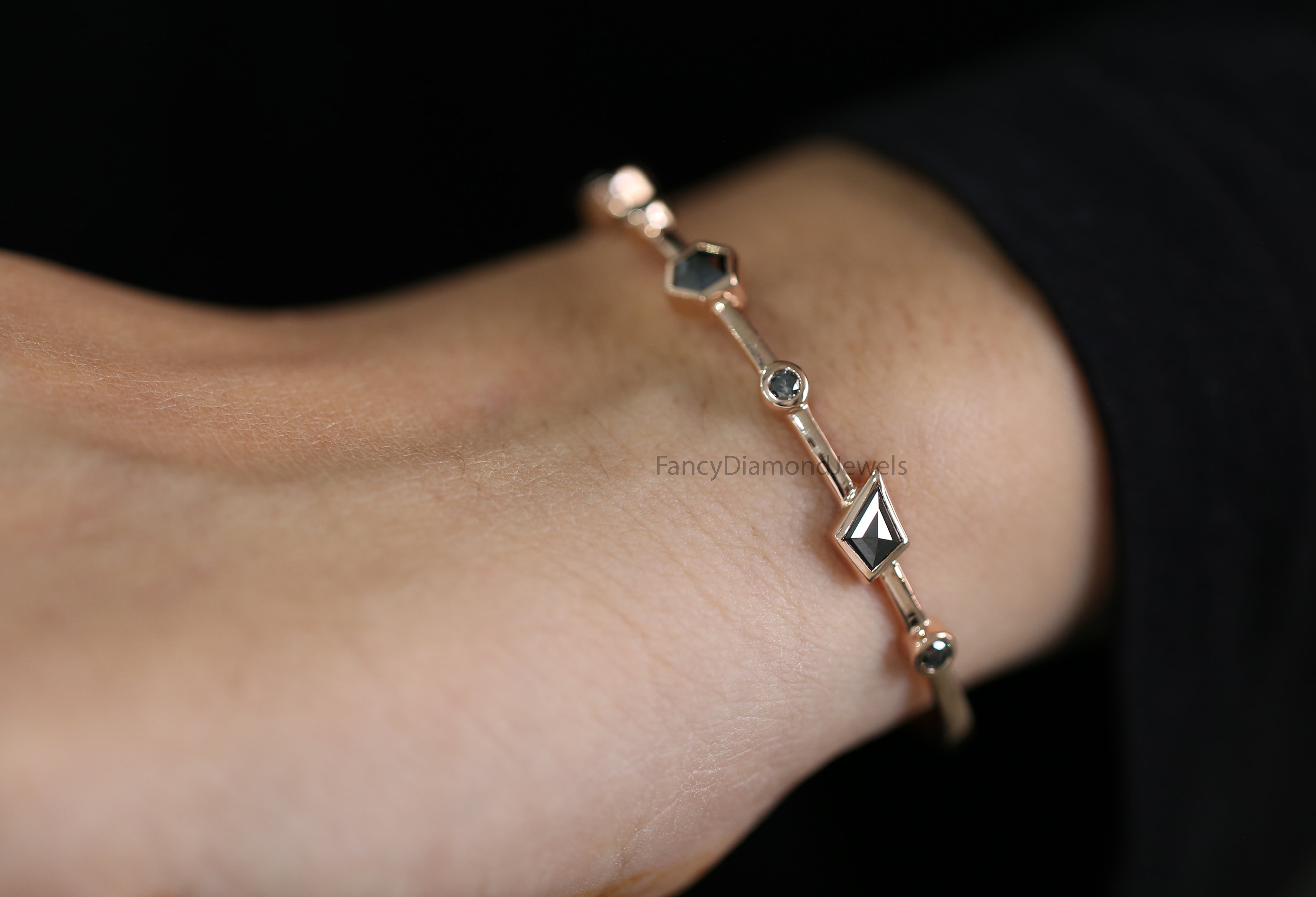 Mix Shape Black Color Diamond Bracelet, Mix Shape Diamond Anniversary Gift Bracelet, Gold Bracelet, Hexagon Diamond Bracelet KDN2284