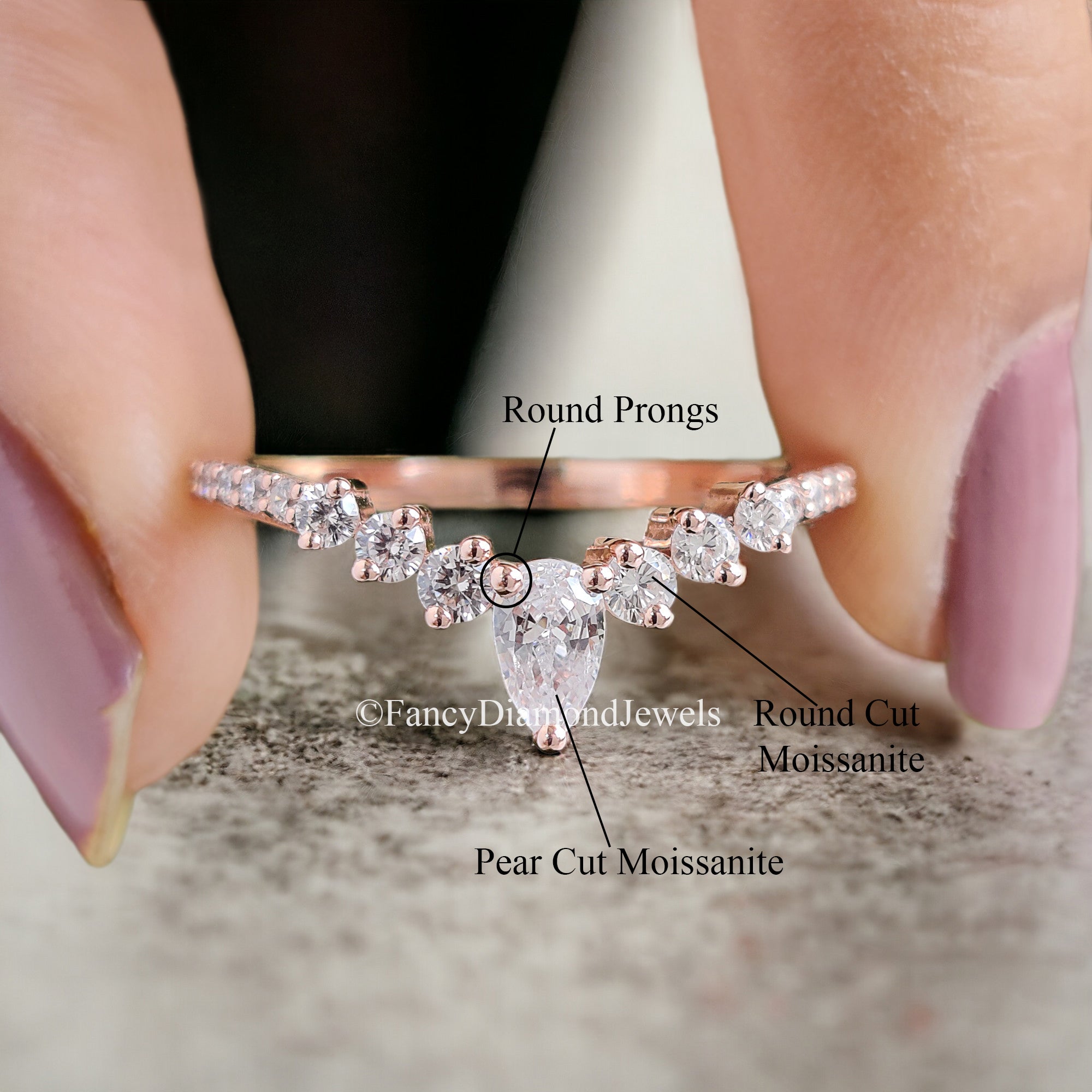Curved wedding band Antique Pear cut Moissanite ring Rose Gold Unique Matching ring Half eternity Anniversary Stacking dainty band FD63
