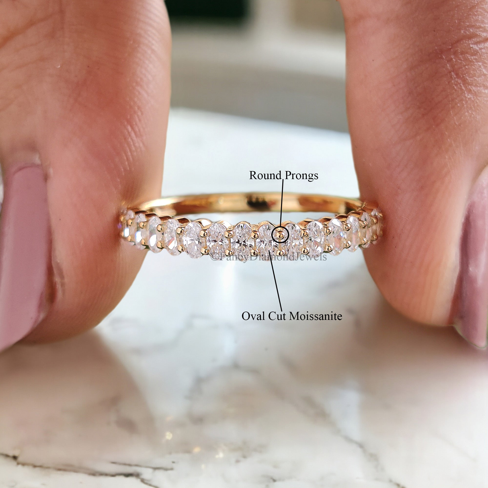 Oval cut Moissanite wedding band women yellow gold Unique Half eternity wedding band vintage Stacking Matching bridal gift for her FD131