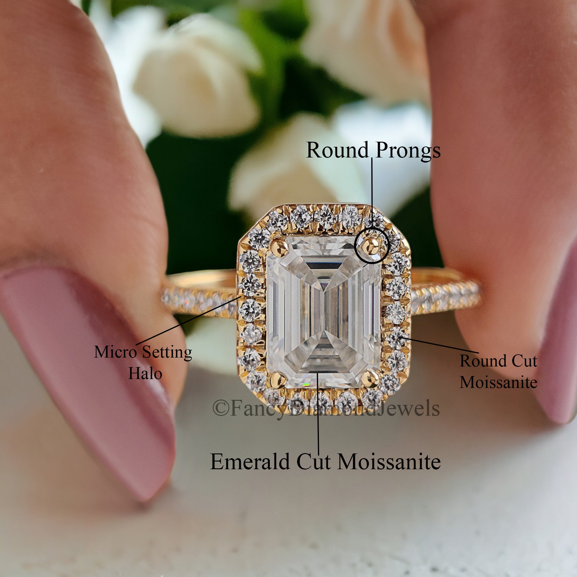 1.5 CT Emerald Cut Moissanite Solitaire Ring 14K Yellow Gold Engagement Ring Halo Setting Statement Ring Gift For Her Anniversary Ring FD89