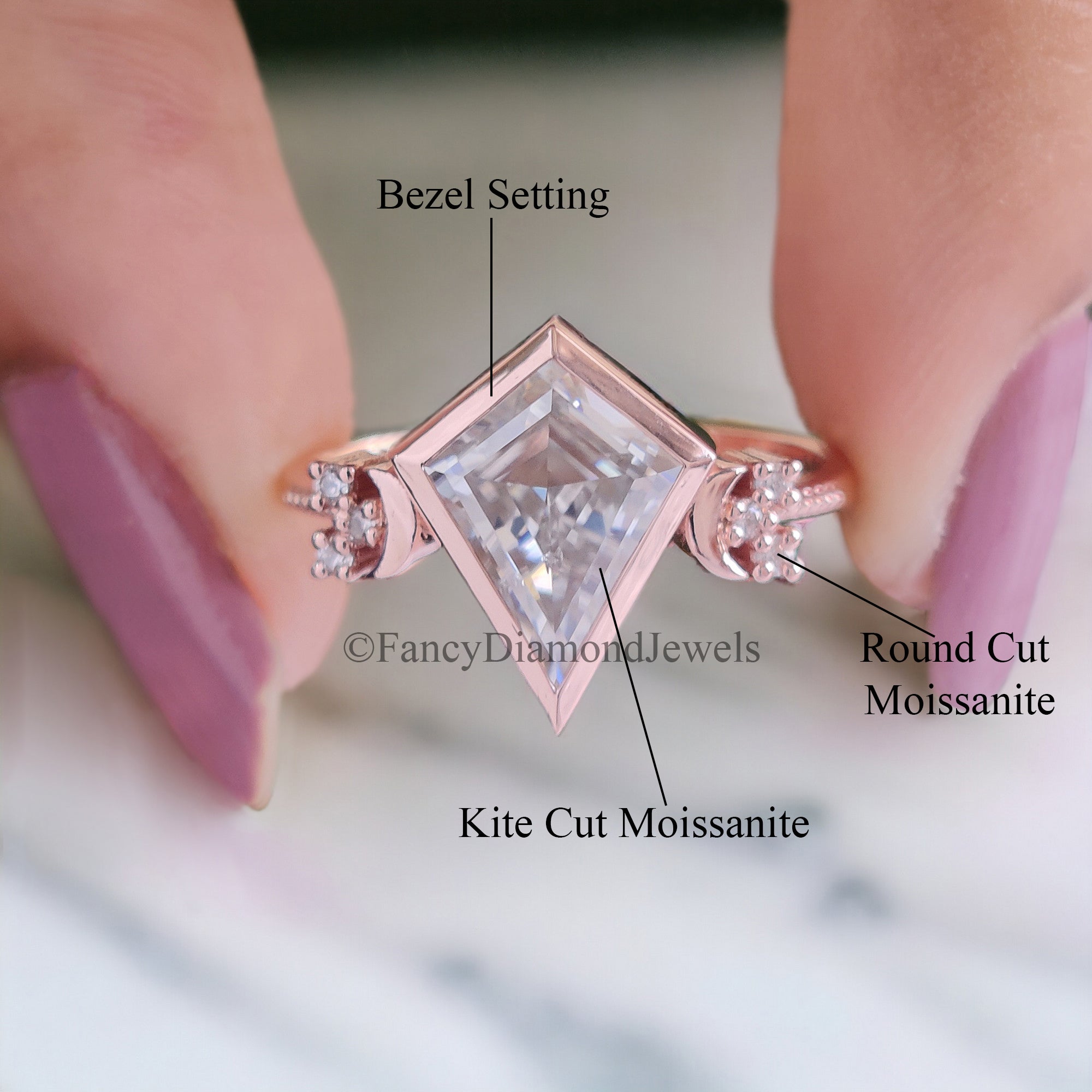 Kite Cut Moissanite Bridal Ring Colorless Moissanite Wedding Ring Bezel Set Moissanite Proposal Ring Milgrain Work Engagement Ring FD51