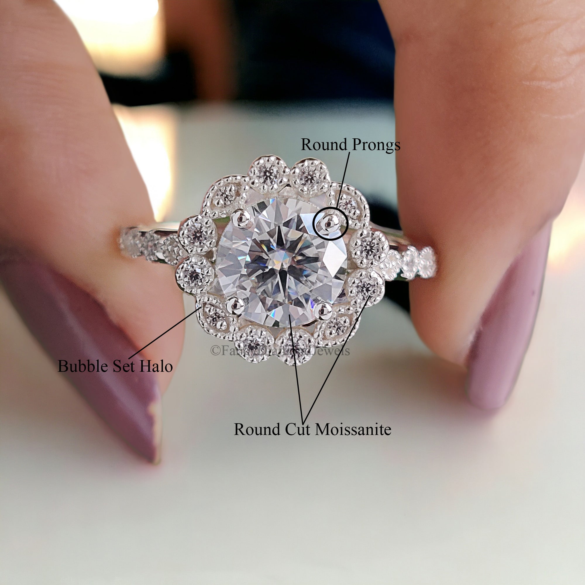 Round Cut Moissanite Engagement Ring Halo Milgrain Engagement Ring Handmade Jewelry White Gold Wedding Ring Surprise Gifts for Her FD124